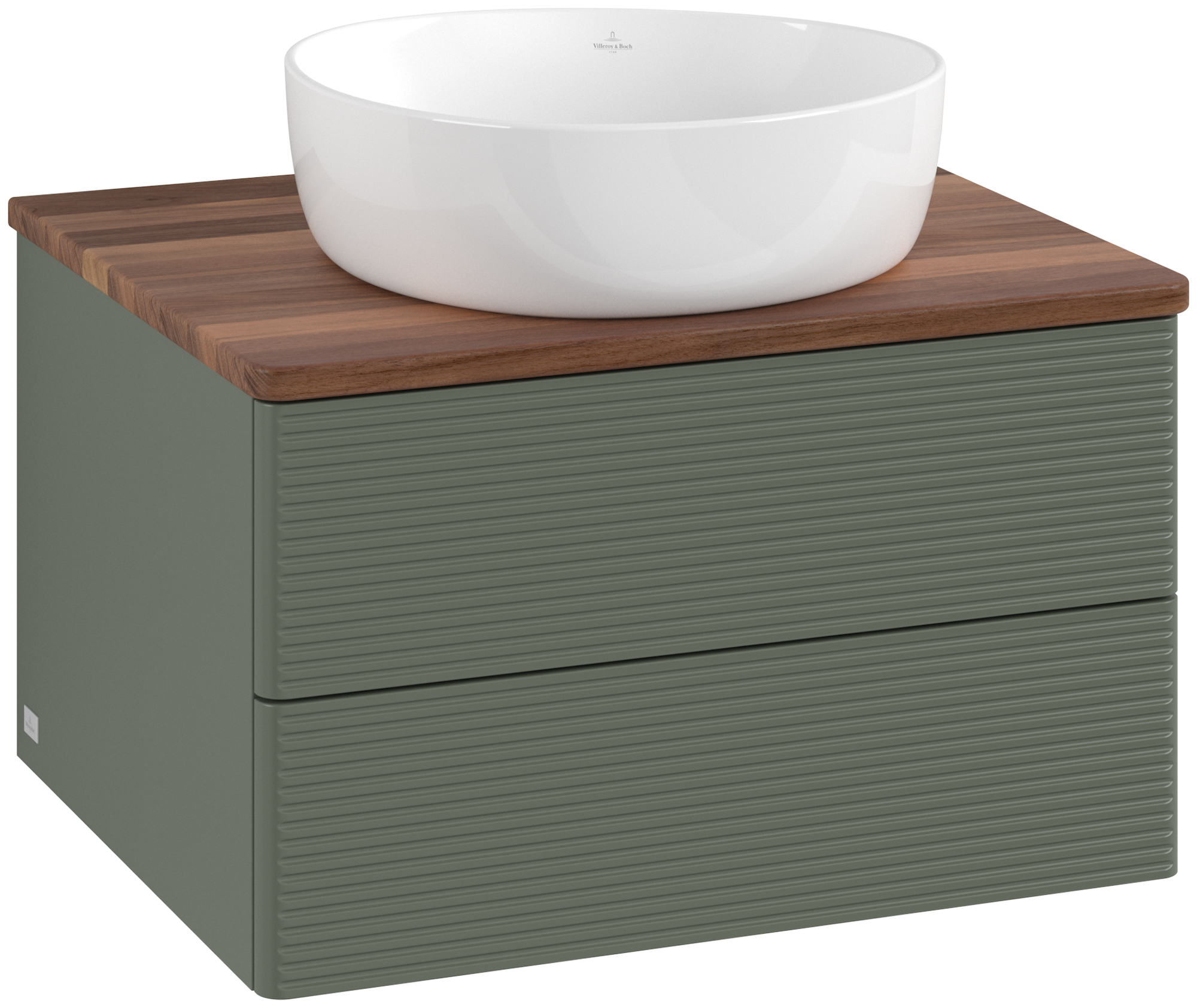 Villeroy & Boch Antao Meuble sous plan, avec éclairage, 2 tiroirs sur rails, 600x360x500mm, Façade avec structure, Caisson: Leaf Green Matt Lacquer, Façade: Leaf Green Matt Lacquer, Plaque de recouvrement: Warm Walnut