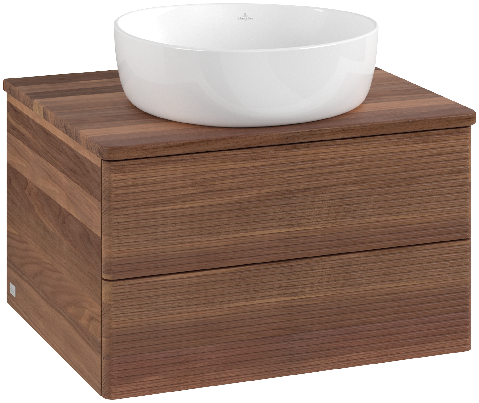 Villeroy & Boch Antao Meuble sous plan, avec éclairage, 2 tiroirs sur rails, 600x360x500mm, Façade avec structure, Caisson: Warm Walnut, Façade: Warm Walnut, Plaque de recouvrement: Warm Walnut