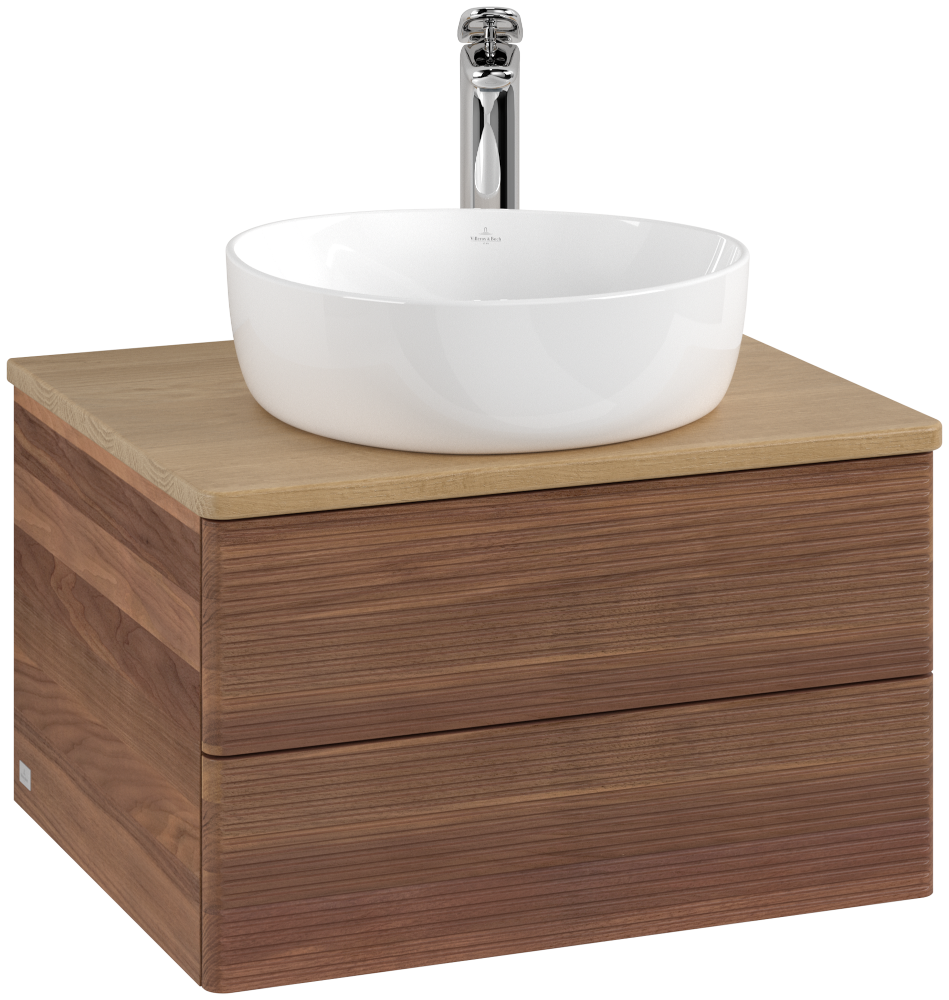 Villeroy & Boch Antao Meuble sous plan, avec éclairage, 2 tiroirs sur rails, 600x360x500mm, Façade avec structure, Caisson: Warm Walnut, Façade: Warm Walnut, Plaque de recouvrement: Honey Oak