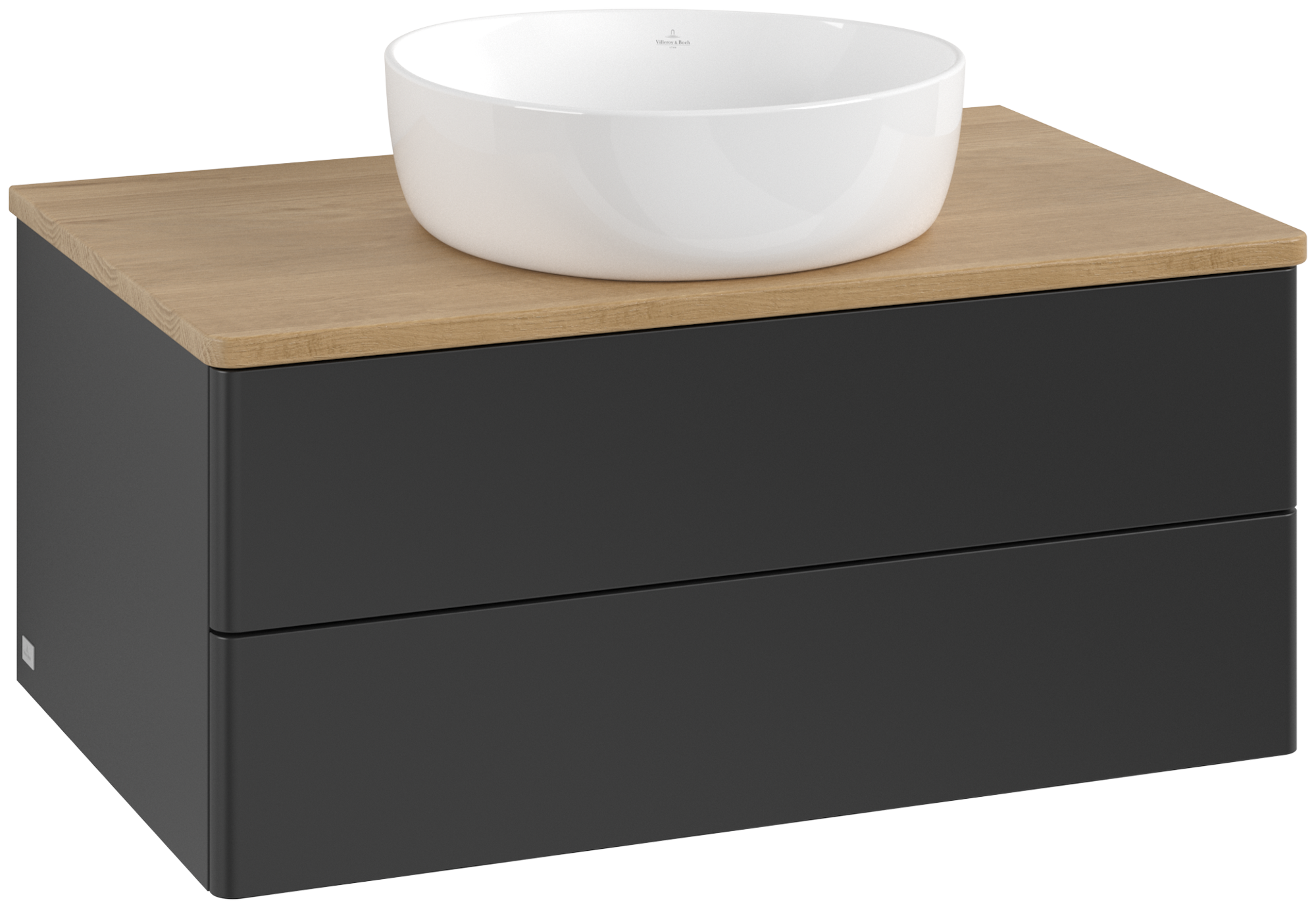 Villeroy & Boch Antao Wastafelonderkast, met verlichting, 2 uittrekladen, 800x360x500mm, front zonder structuur, Corpus: Black Matt Lacquer, Front: Black Matt Lacquer, Afdekplaat: Honey Oak