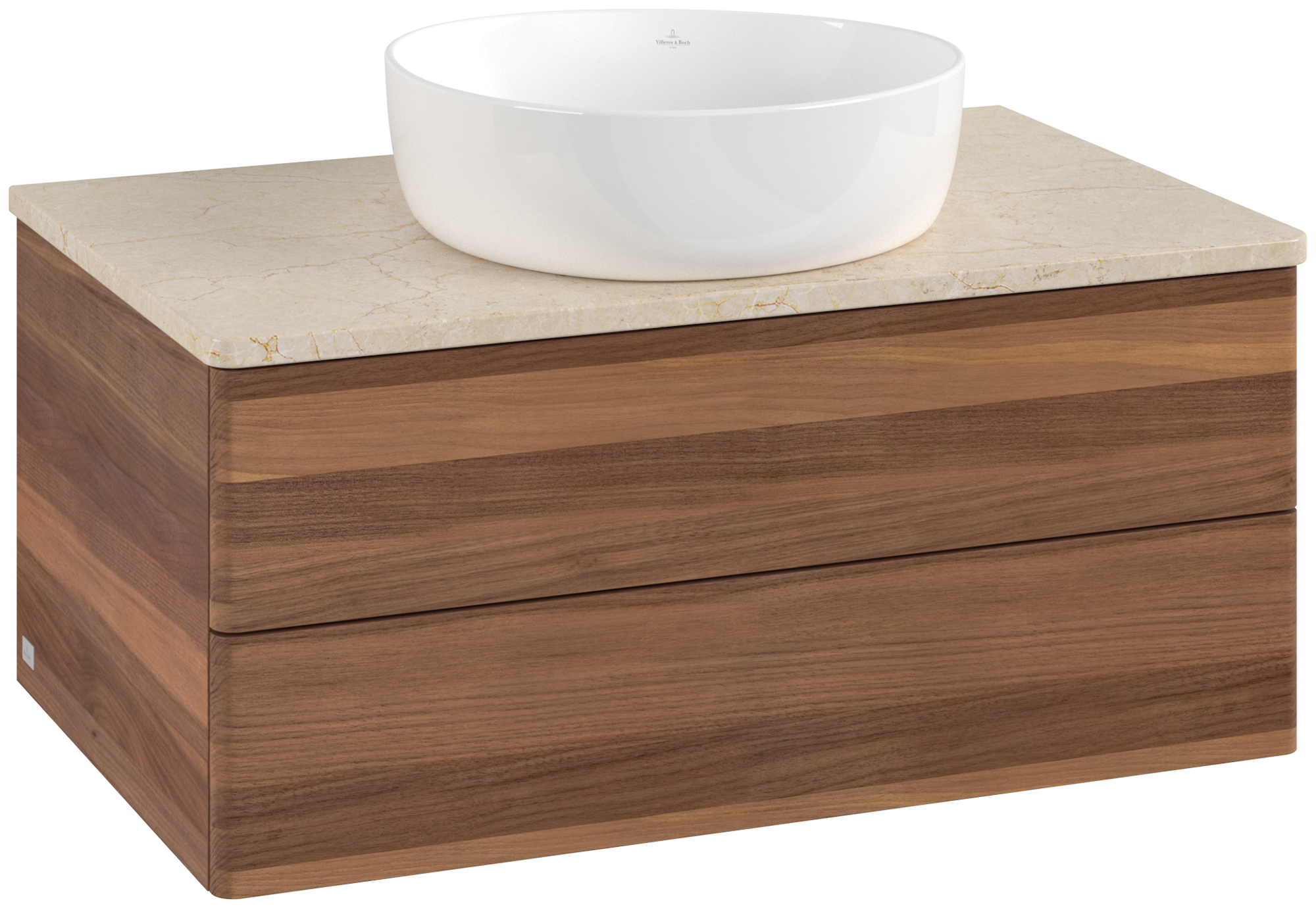 Villeroy & Boch Antao Wastafelonderkast, met verlichting, 2 uittrekladen, 800x360x500mm, front zonder structuur, Corpus: Warm Walnut, Front: Warm Walnut, Afdekplaat: Botticino