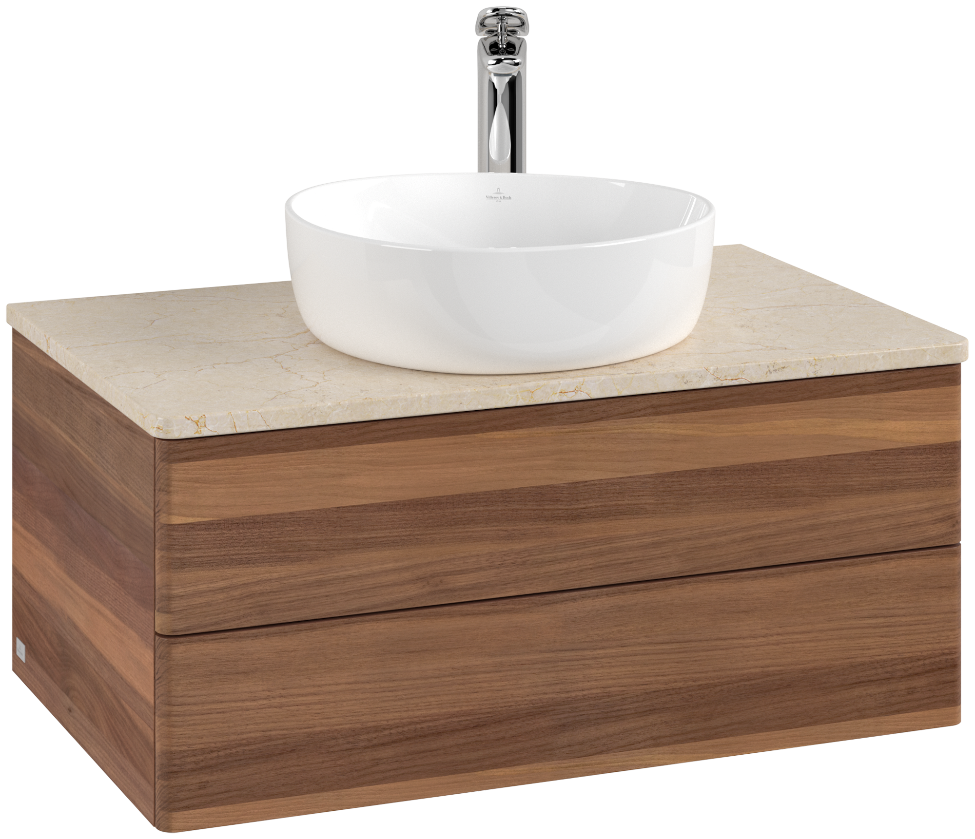 Villeroy & Boch Antao Wastafelonderkast, met verlichting, 2 uittrekladen, 800x360x500mm, front zonder structuur, Corpus: Warm Walnut, Front: Warm Walnut, Afdekplaat: Botticino