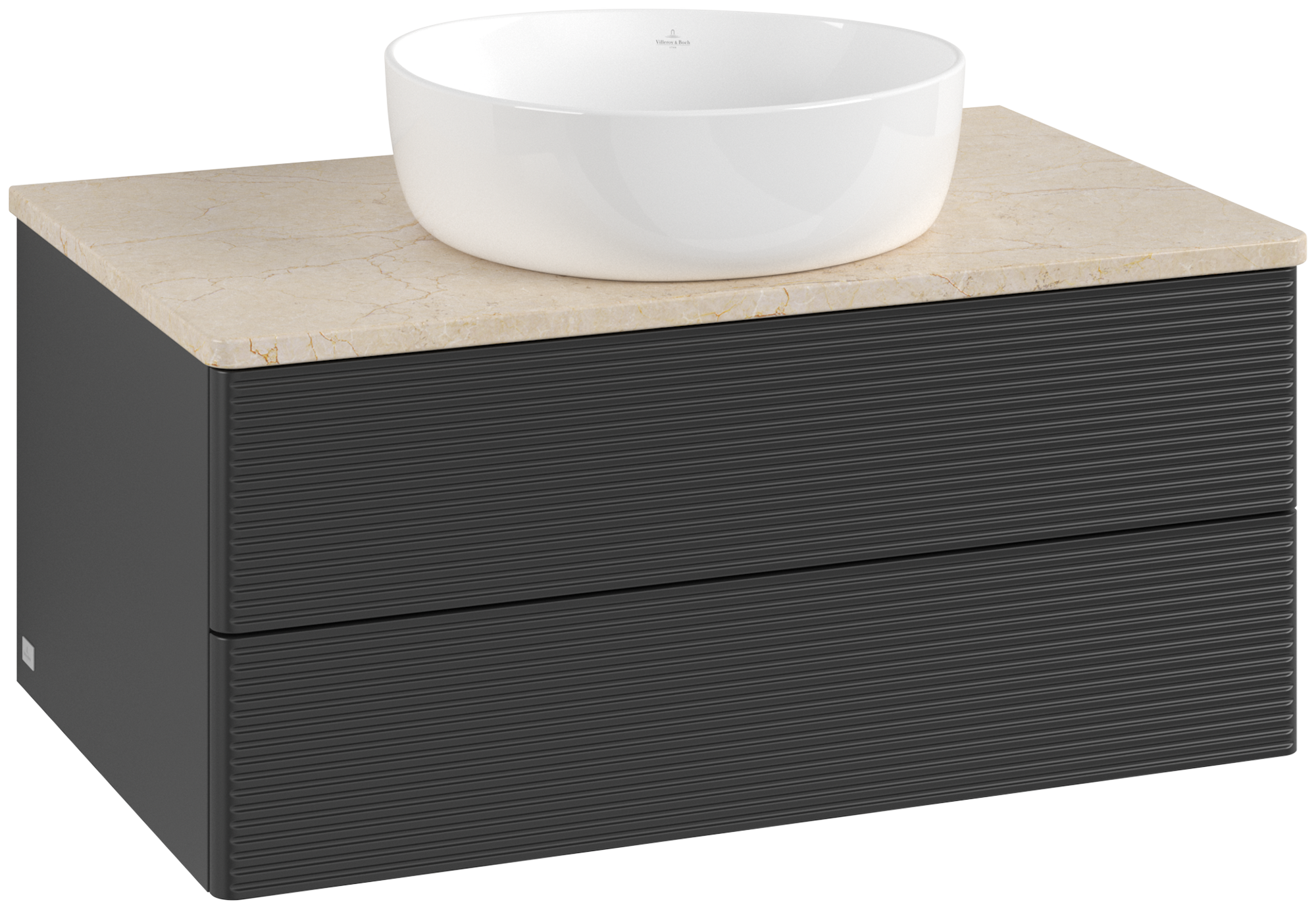 Villeroy & Boch Antao Vanity unit, with lighting, 2 pull-out compartments, 800x360x500mm, Front with grain texture, Body: Black Matt Lacquer, Front: Black Matt Lacquer, Cover plate: Botticino