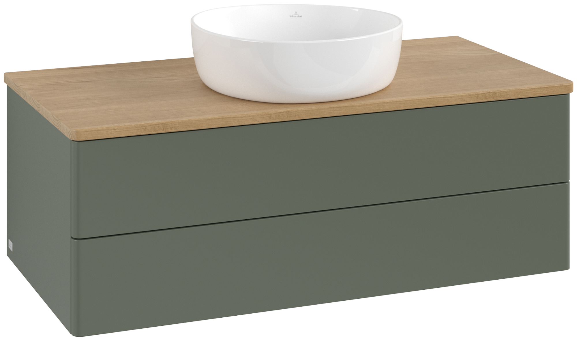 Villeroy & Boch Antao Skåp till tvättställ, med belysning, 2 utdragbara fack, 1000x360x500mm, Framsidan utan kornig struktur, Kropp: Leaf Green Matt Lacquer, Framsida: Leaf Green Matt Lacquer, Täckplatta: Honey Oak