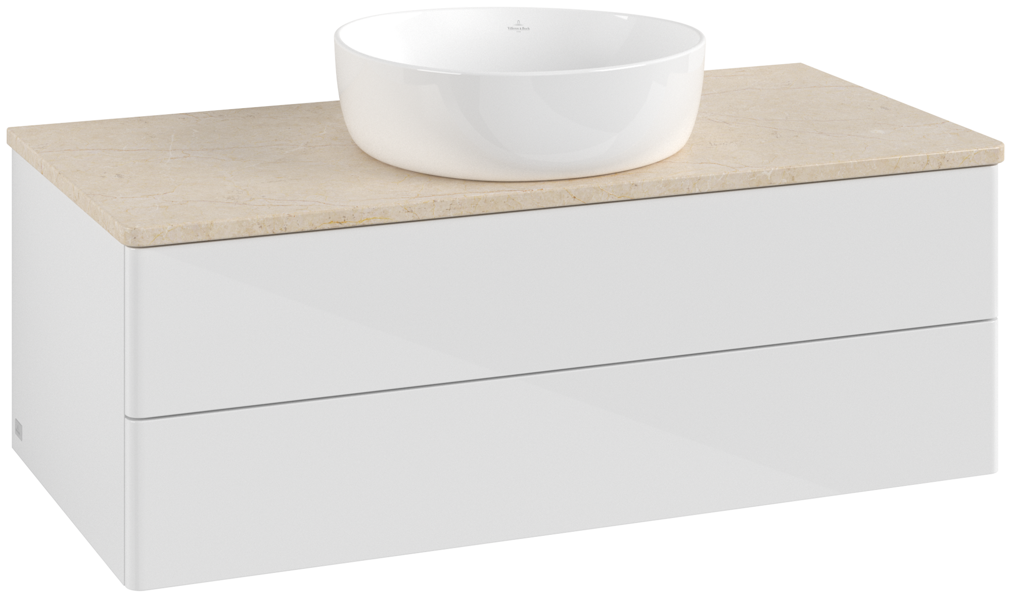 Villeroy & Boch Antao Meuble sous plan, avec éclairage, 2 tiroirs sur rails, 1000x360x500mm, Façade sans structure, Caisson: Glossy White Lacquer, Façade: Glossy White Lacquer, Plaque de recouvrement: Botticino