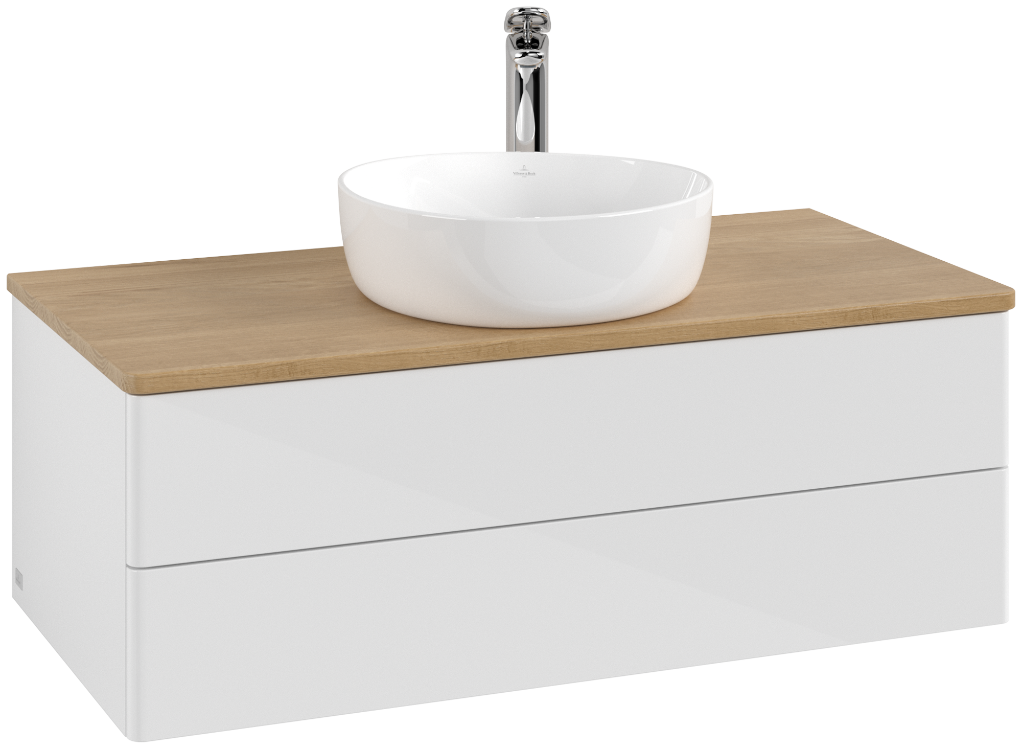 Villeroy & Boch Antao Waschbeckenunterschrank, mit Beleuchtung, 2 Auszüge, 1000x360x500mm, Front ohne Struktur, Korpus: Glossy White Lacquer, Front: Glossy White Lacquer, Abdeckplatte: Honey Oak
