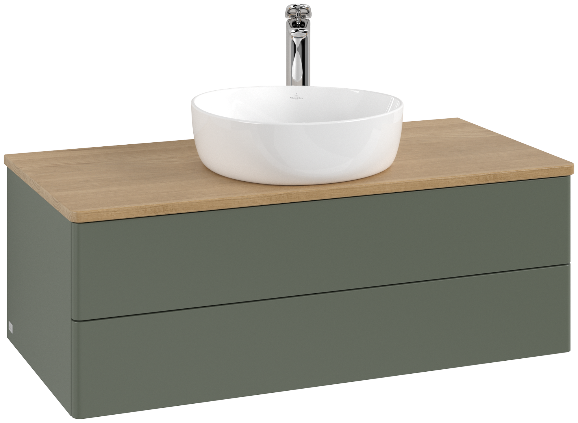 Villeroy & Boch Antao Skåp till tvättställ, med belysning, 2 utdragbara fack, 1000x360x500mm, Framsidan utan kornig struktur, Kropp: Leaf Green Matt Lacquer, Framsida: Leaf Green Matt Lacquer, Täckplatta: Honey Oak