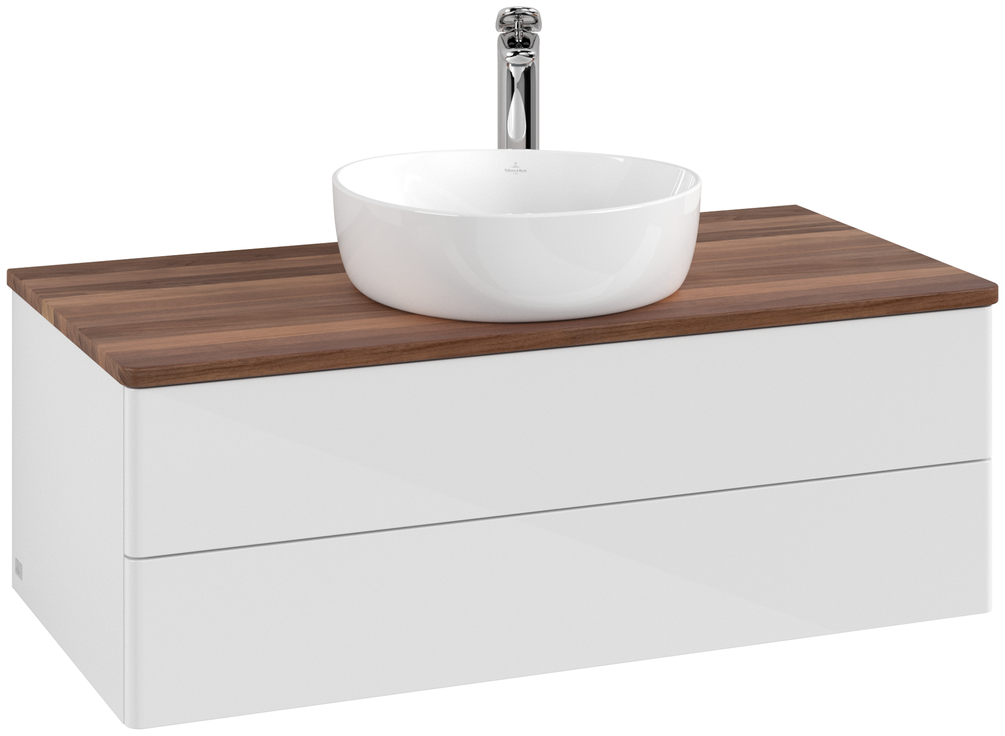 Villeroy & Boch Antao Meuble sous plan, avec éclairage, 2 tiroirs sur rails, 1000x360x500mm, Façade sans structure, Caisson: Glossy White Lacquer, Façade: Glossy White Lacquer, Plaque de recouvrement: Warm Walnut