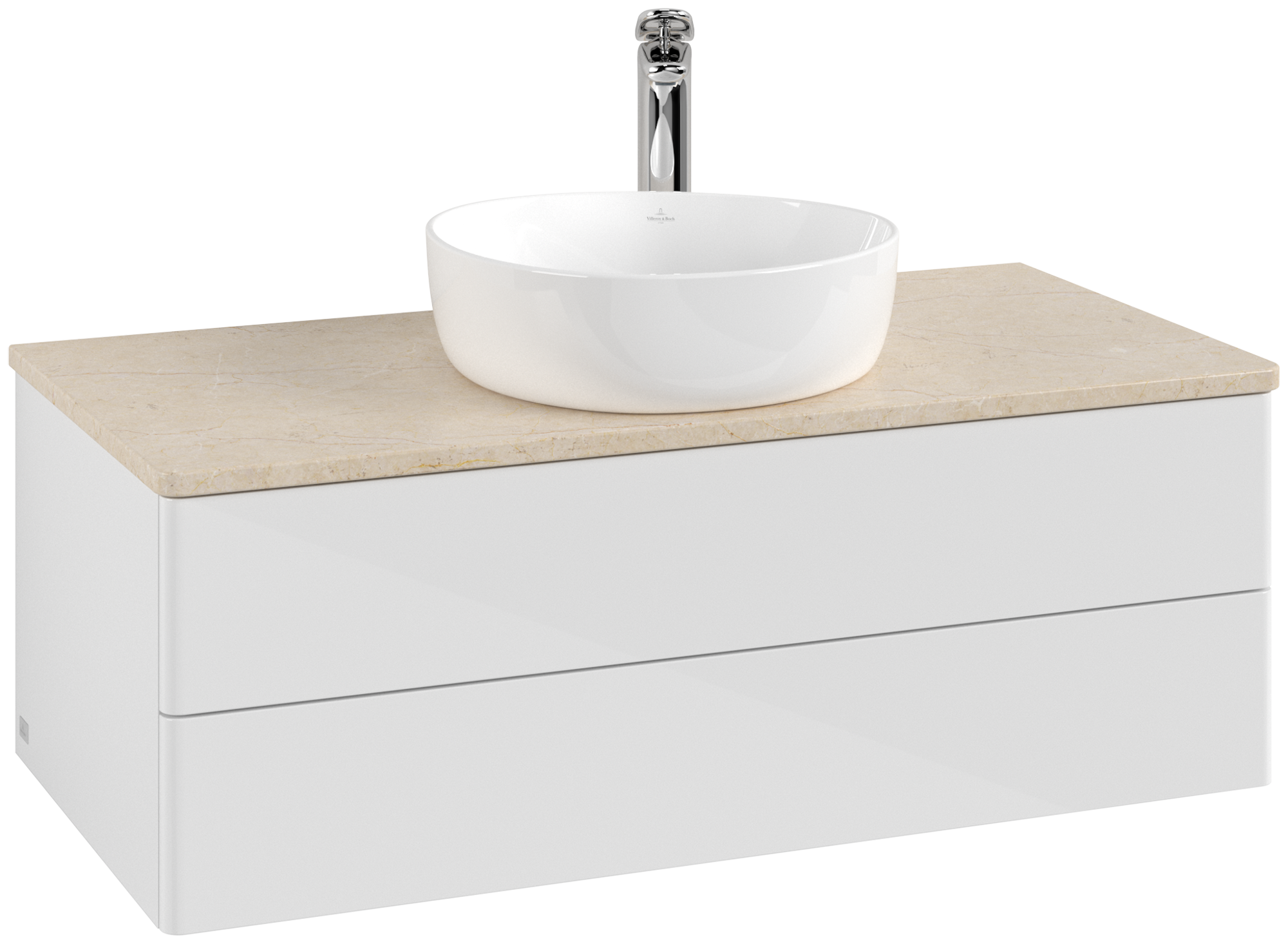 Villeroy & Boch Antao Meuble sous plan, avec éclairage, 2 tiroirs sur rails, 1000x360x500mm, Façade sans structure, Caisson: Glossy White Lacquer, Façade: Glossy White Lacquer, Plaque de recouvrement: Botticino