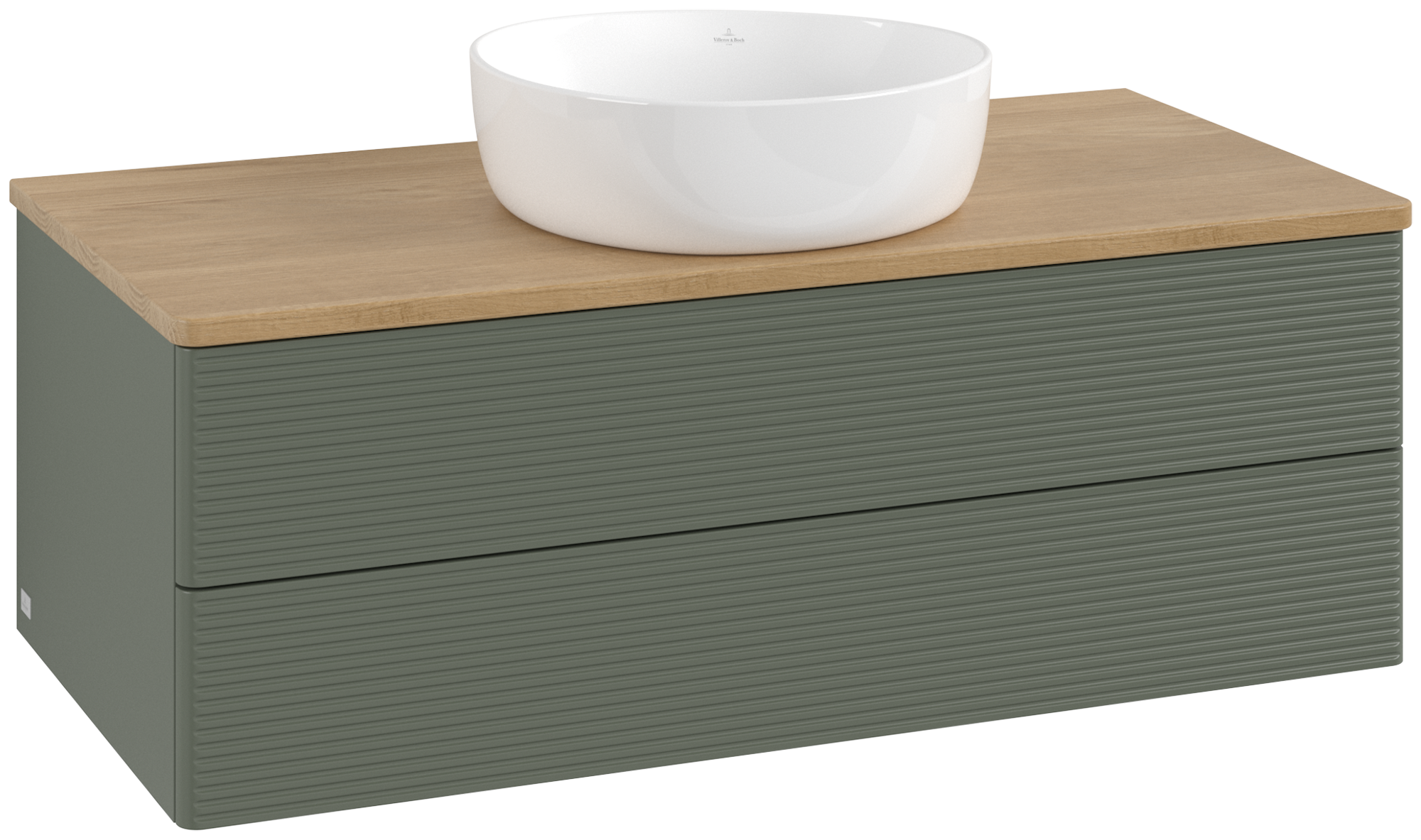 Villeroy & Boch Antao Skåp till tvättställ, med belysning, 2 utdragbara fack, 1000x360x500mm, Framsida med grynig textur, Kropp: Leaf Green Matt Lacquer, Framsida: Leaf Green Matt Lacquer, Täckplatta: Honey Oak