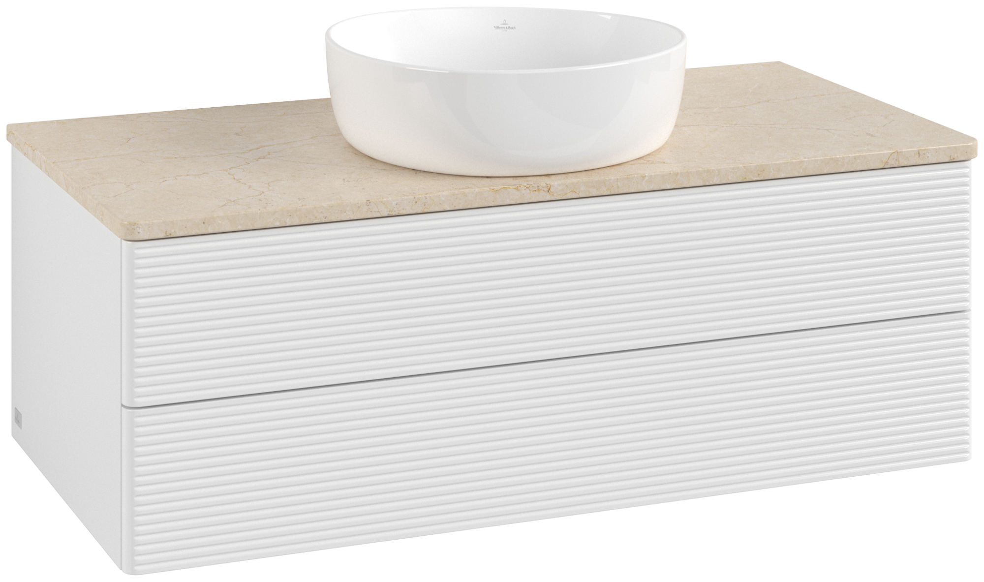 Villeroy & Boch Antao Meuble sous plan, avec éclairage, 2 tiroirs sur rails, 1000x360x500mm, Façade avec structure, Caisson: Glossy White Lacquer, Façade: Glossy White Lacquer, Plaque de recouvrement: Botticino