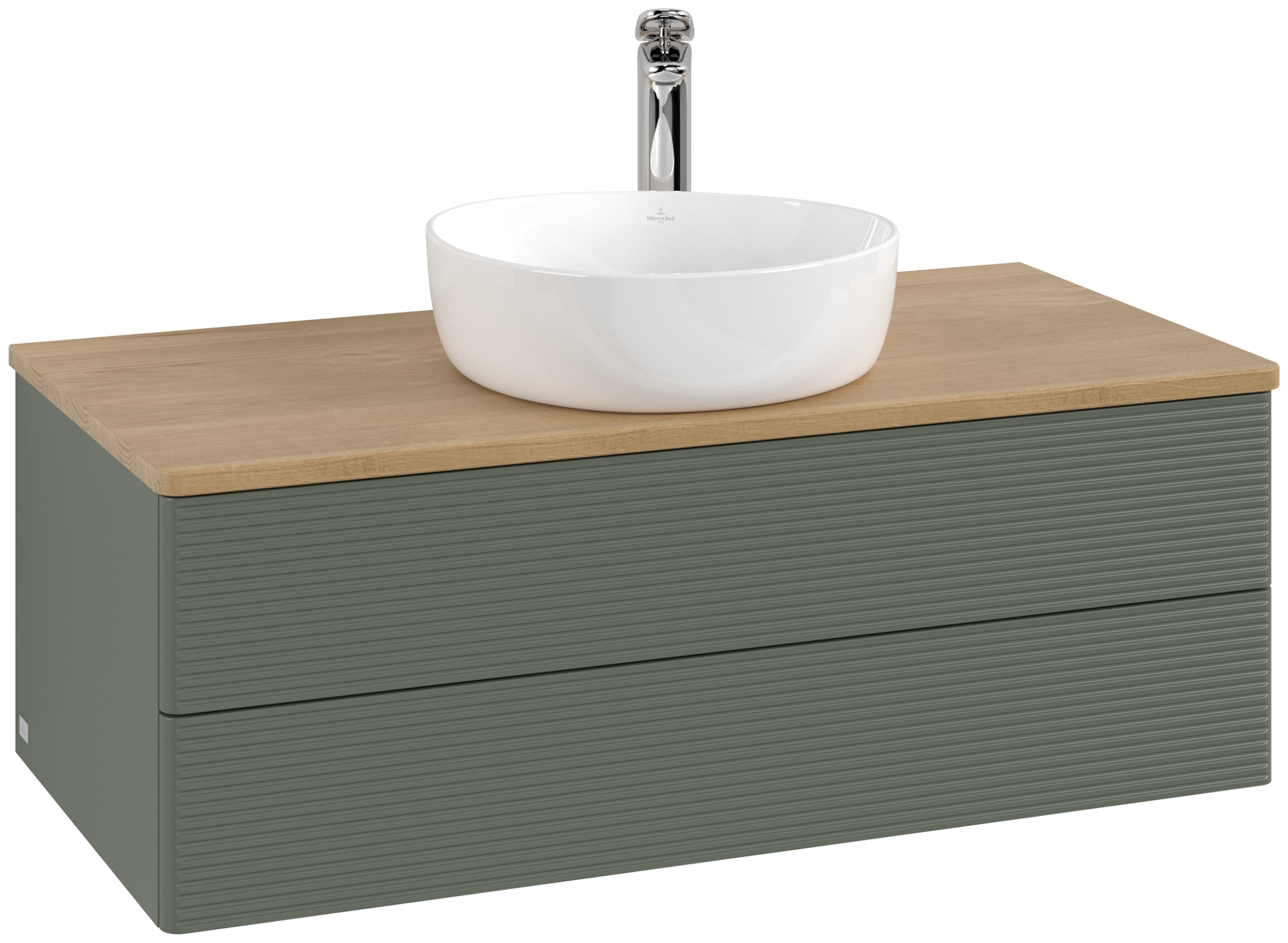 Villeroy & Boch Antao Skåp till tvättställ, med belysning, 2 utdragbara fack, 1000x360x500mm, Framsida med grynig textur, Kropp: Leaf Green Matt Lacquer, Framsida: Leaf Green Matt Lacquer, Täckplatta: Honey Oak