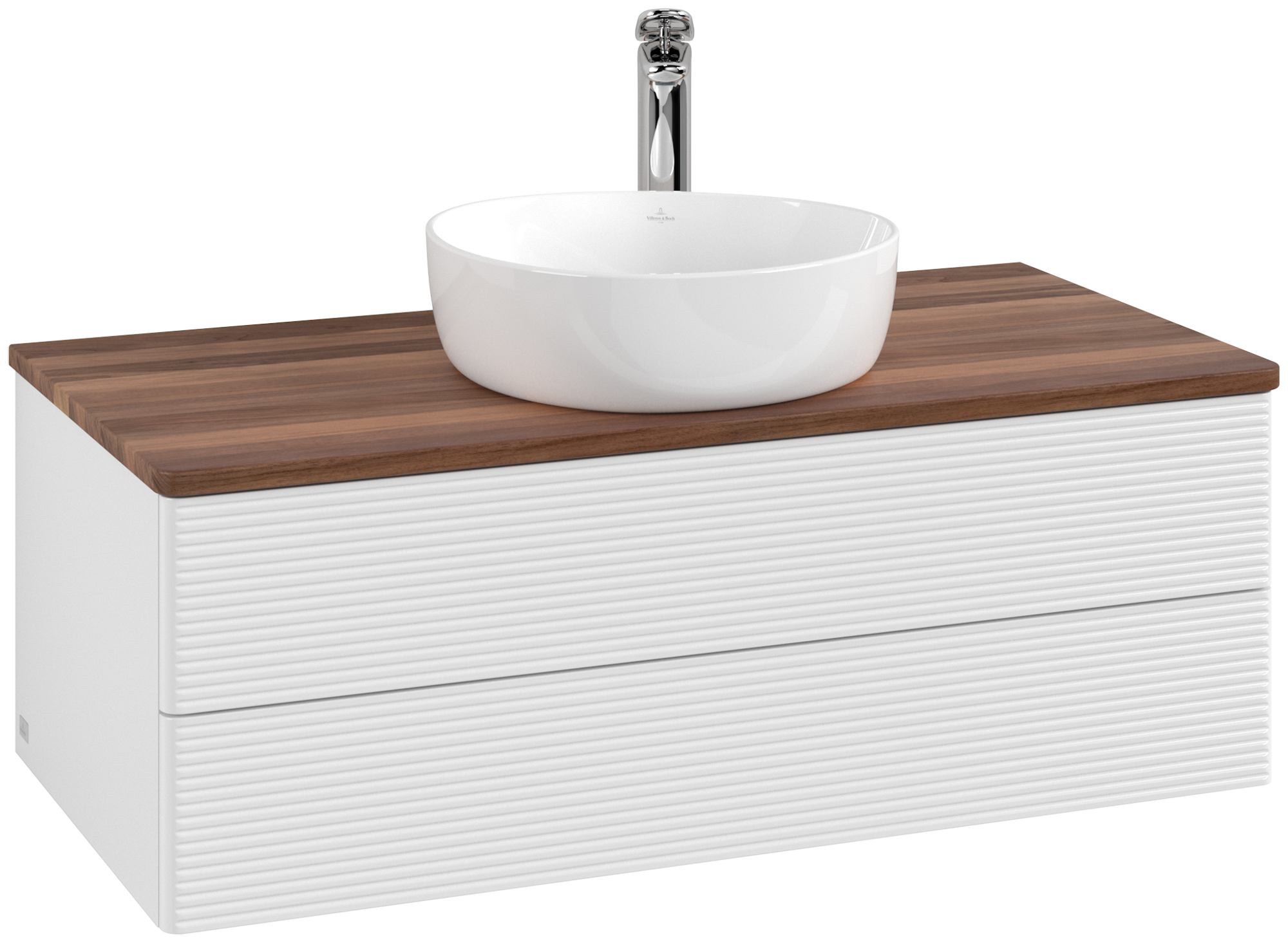 Villeroy & Boch Antao Meuble sous plan, avec éclairage, 2 tiroirs sur rails, 1000x360x500mm, Façade avec structure, Caisson: Glossy White Lacquer, Façade: Glossy White Lacquer, Plaque de recouvrement: Warm Walnut