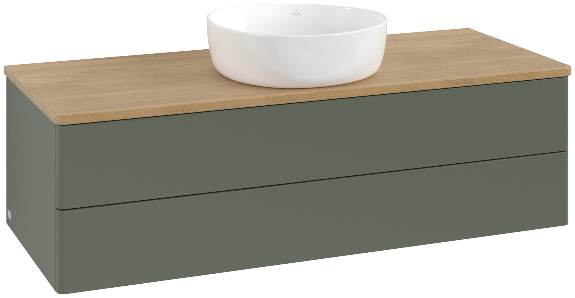 Villeroy & Boch Antao Vanity unit, with lighting, 2 pull-out compartments, 1200x360x500mm, Front without structure, Body: Leaf Green Matt Lacquer, Front: Leaf Green Matt Lacquer, Cover plate: Honey Oak