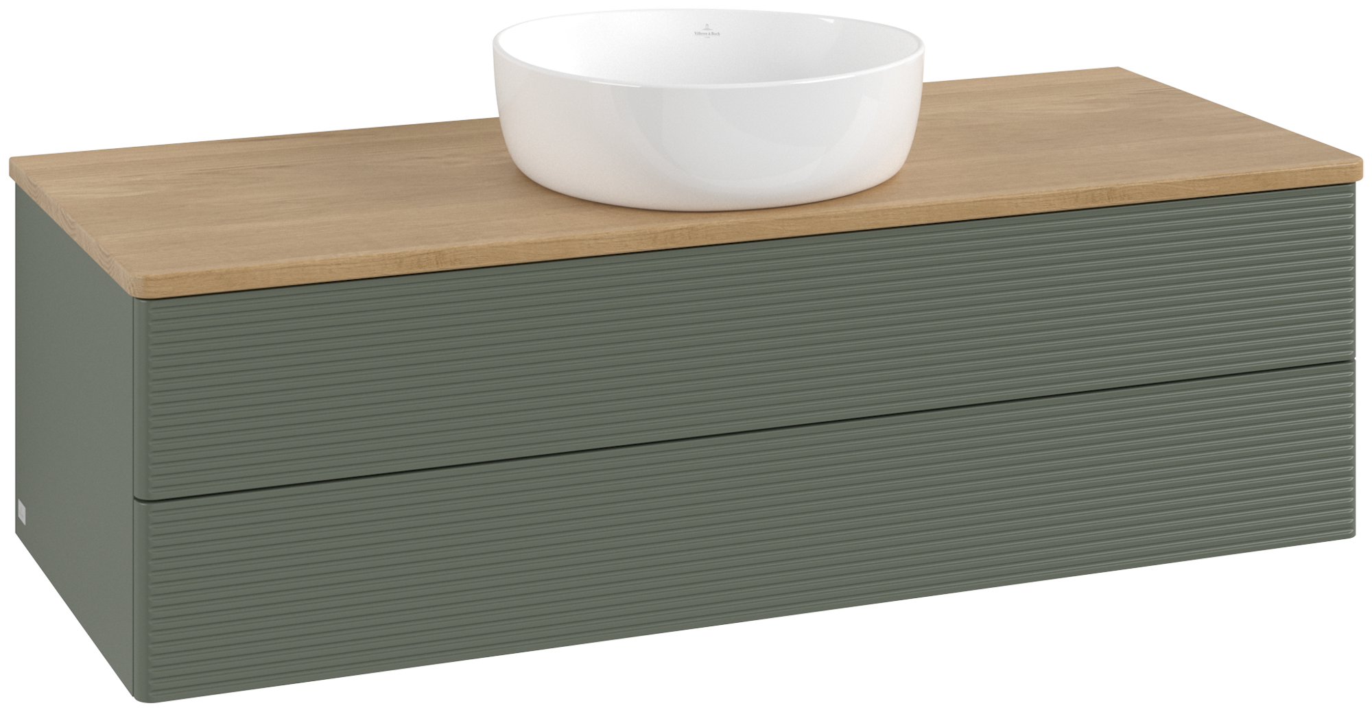 Villeroy & Boch Antao Vanity unit, with lighting, 2 pull-out compartments, 1200x360x500mm, Front with grain texture, Body: Leaf Green Matt Lacquer, Front: Leaf Green Matt Lacquer, Cover plate: Honey Oak