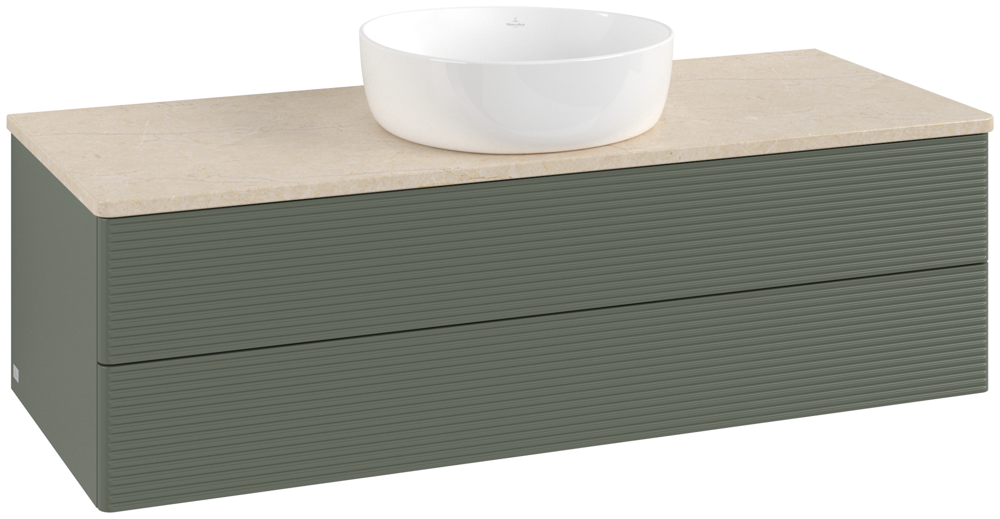 Villeroy & Boch Antao Vanity unit, with lighting, 2 pull-out compartments, 1200x360x500mm, Front with grain texture, Body: Leaf Green Matt Lacquer, Front: Leaf Green Matt Lacquer, Cover plate: Botticino