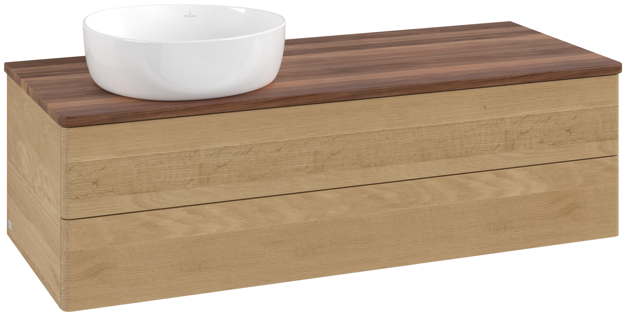 Villeroy & Boch Antao Meuble sous plan, avec éclairage, 2 tiroirs sur rails, 1200x360x500mm, Façade sans structure, Caisson: Honey Oak, Façade: Honey Oak, Plaque de recouvrement: Warm Walnut