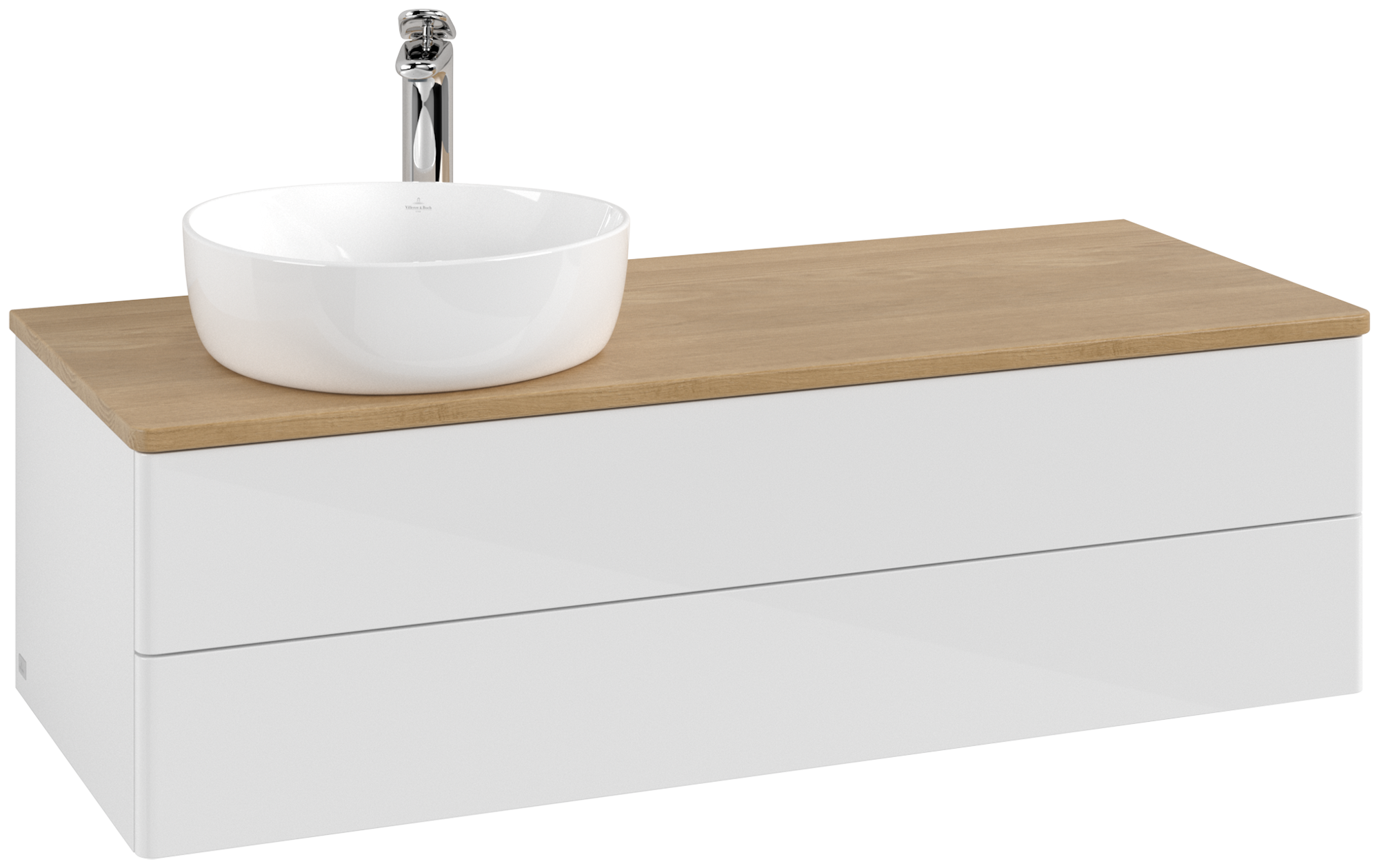 Villeroy & Boch Antao Waschbeckenunterschrank, mit Beleuchtung, 2 Auszüge, 1200x360x500mm, Front ohne Struktur, Korpus: Glossy White Lacquer, Front: Glossy White Lacquer, Abdeckplatte: Honey Oak