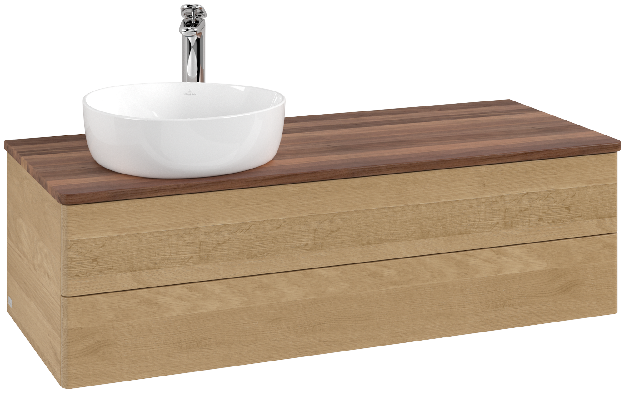Villeroy & Boch Antao Meuble sous plan, avec éclairage, 2 tiroirs sur rails, 1200x360x500mm, Façade sans structure, Caisson: Honey Oak, Façade: Honey Oak, Plaque de recouvrement: Warm Walnut