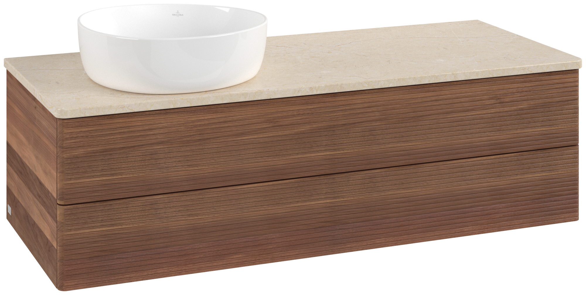 Villeroy & Boch Antao Waschbeckenunterschrank, mit Beleuchtung, 2 Auszüge, 1200x360x500mm, Front mit Struktur, Korpus: Warm Walnut, Front: Warm Walnut, Abdeckplatte: Botticino