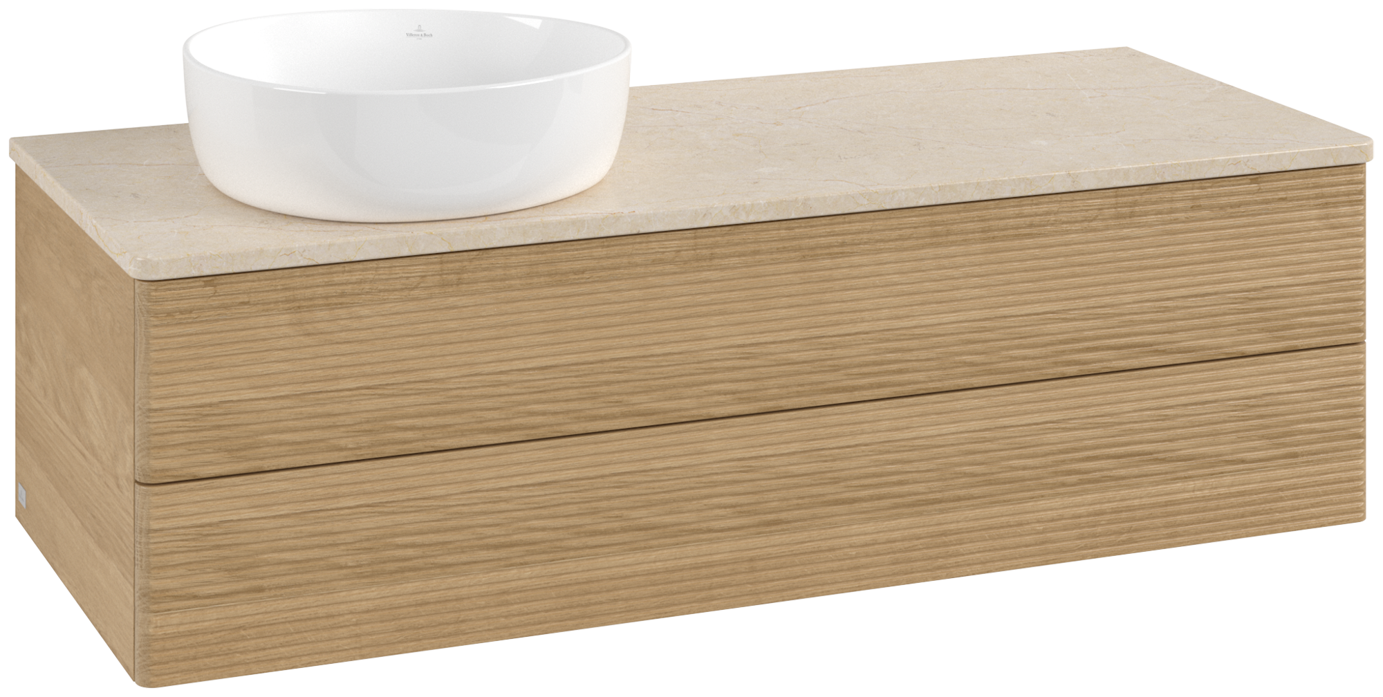 Villeroy & Boch Antao Meuble sous plan, avec éclairage, 2 tiroirs sur rails, 1200x360x500mm, Façade avec structure, Caisson: Honey Oak, Façade: Honey Oak, Plaque de recouvrement: Botticino