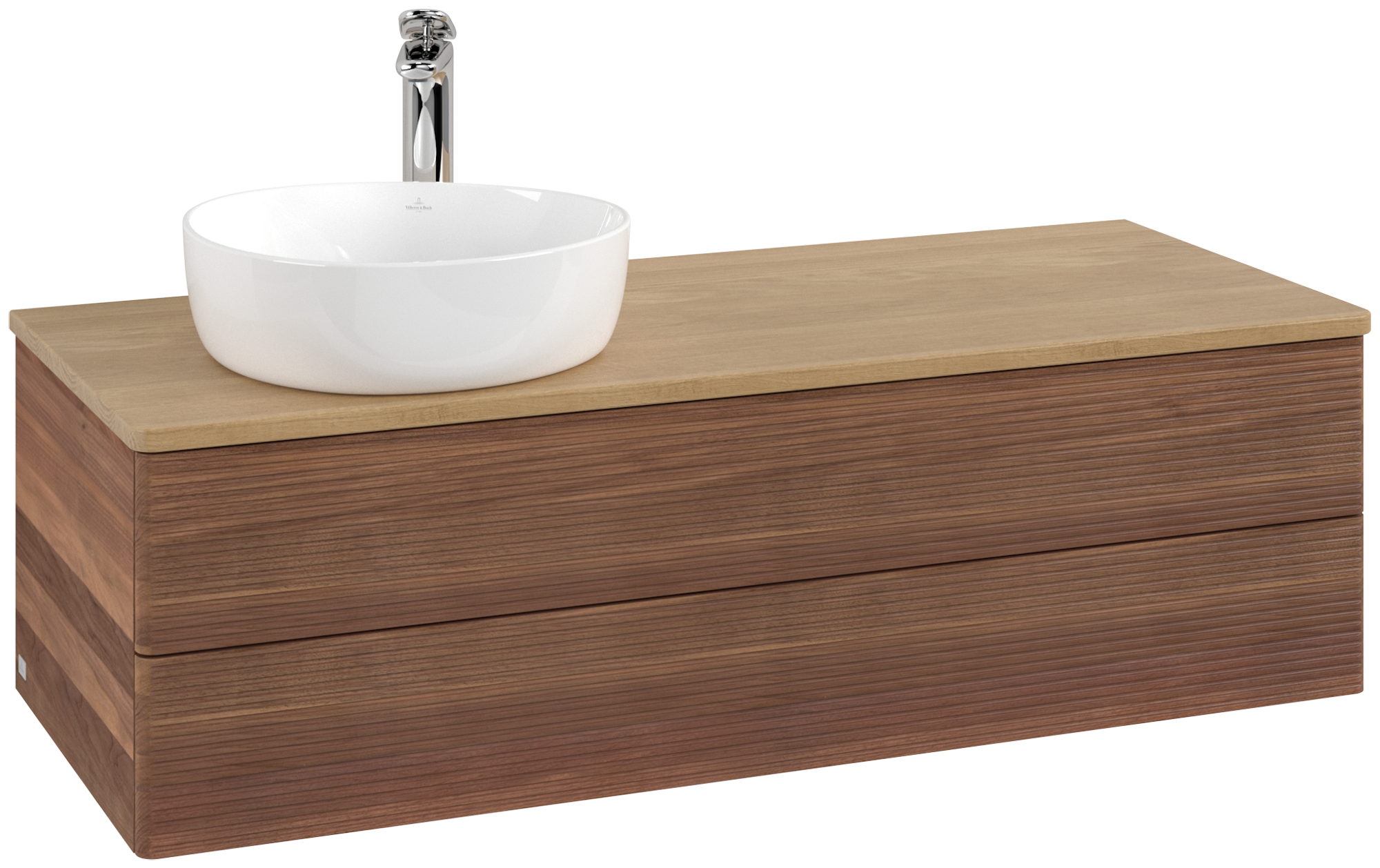 Villeroy & Boch Antao Meuble sous plan, avec éclairage, 2 tiroirs sur rails, 1200x360x500mm, Façade avec structure, Caisson: Warm Walnut, Façade: Warm Walnut, Plaque de recouvrement: Honey Oak
