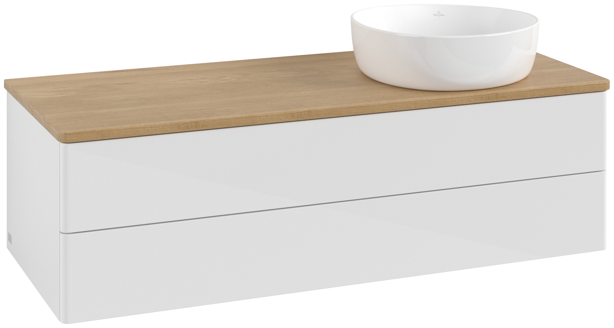 Villeroy & Boch Antao Waschbeckenunterschrank, mit Beleuchtung, 2 Auszüge, 1200x360x500mm, Front ohne Struktur, Korpus: Glossy White Lacquer, Front: Glossy White Lacquer, Abdeckplatte: Honey Oak