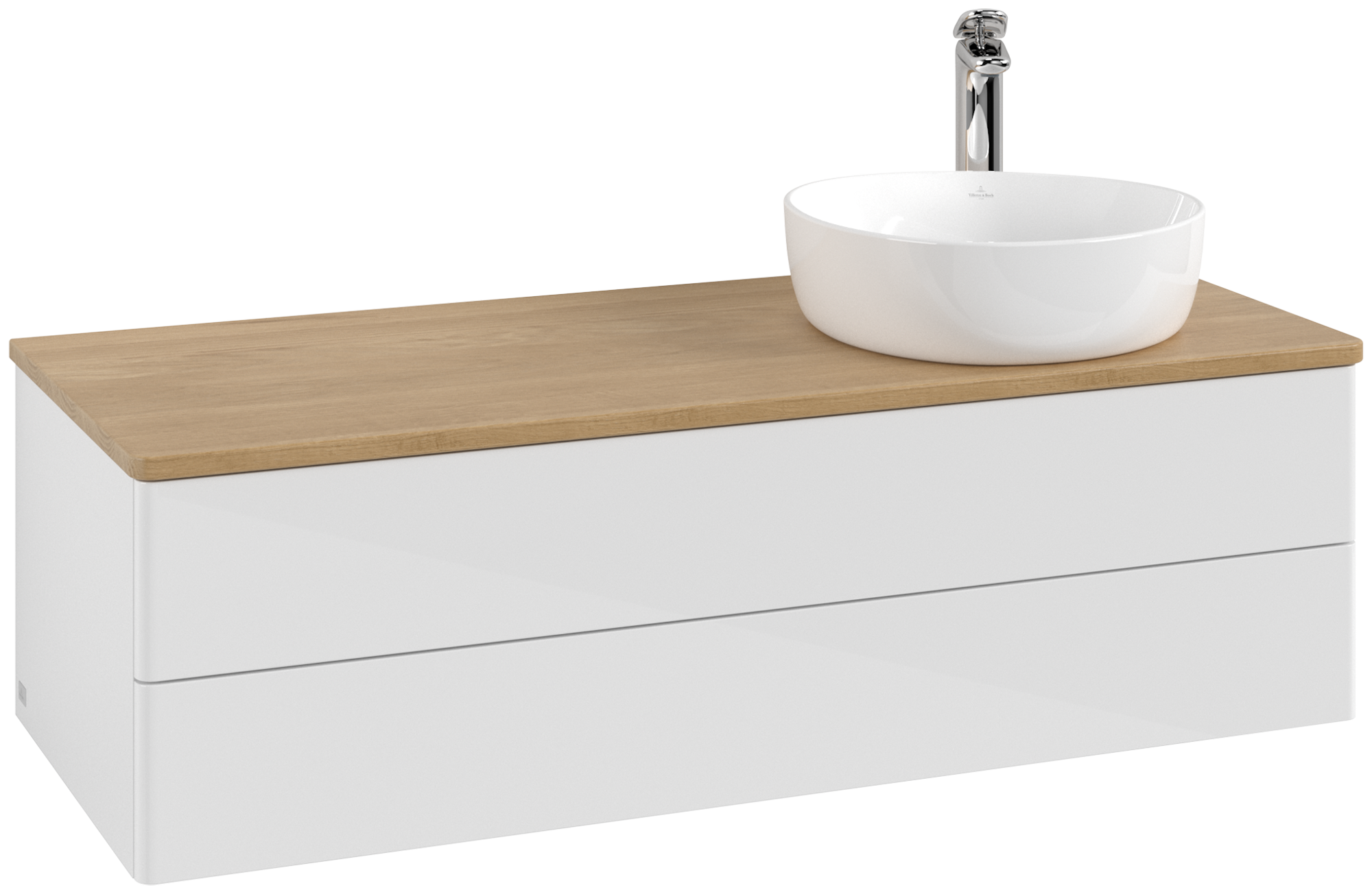 Villeroy & Boch Antao Waschbeckenunterschrank, mit Beleuchtung, 2 Auszüge, 1200x360x500mm, Front ohne Struktur, Korpus: Glossy White Lacquer, Front: Glossy White Lacquer, Abdeckplatte: Honey Oak