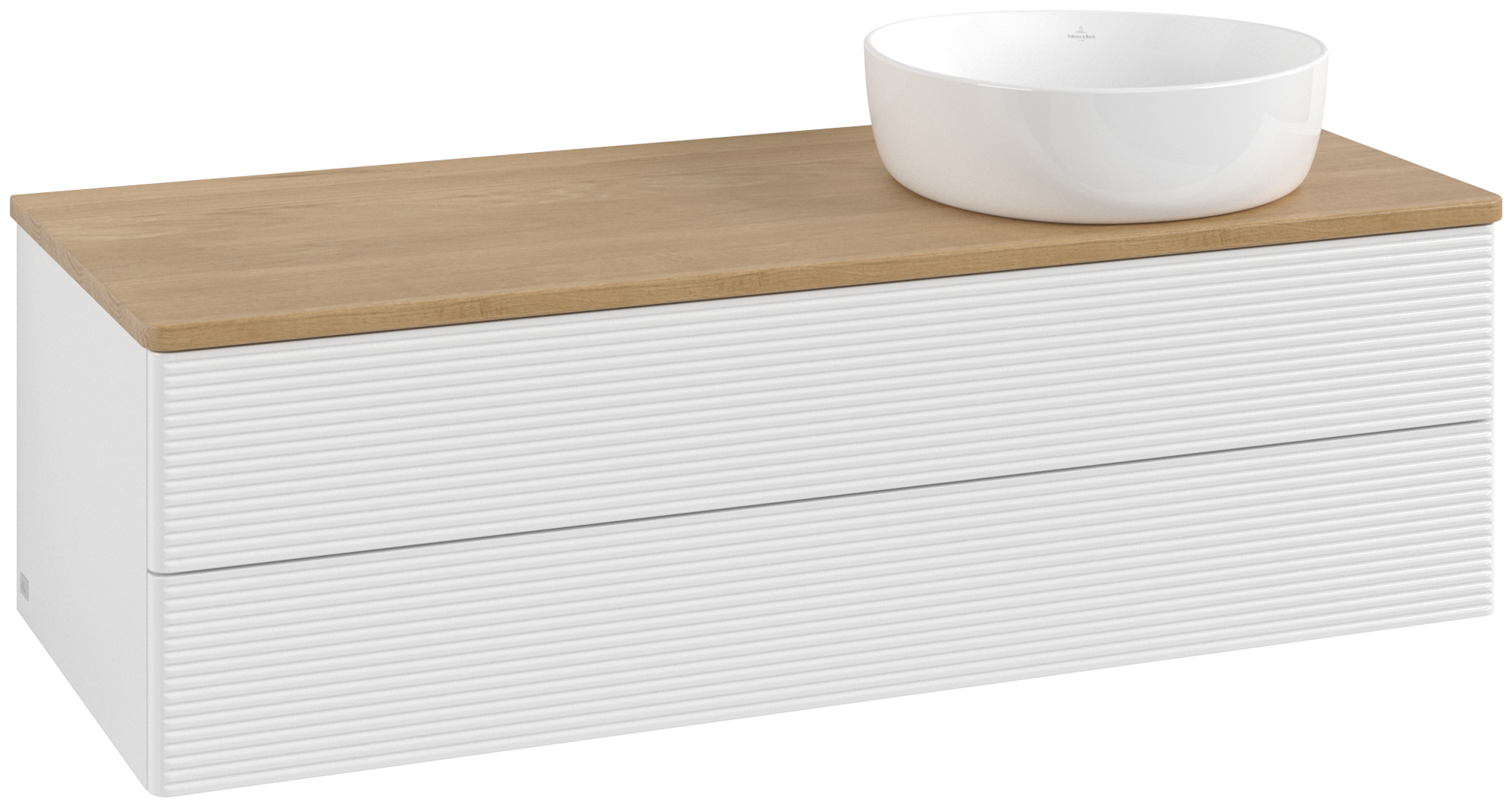 Villeroy & Boch Antao Waschbeckenunterschrank, mit Beleuchtung, 2 Auszüge, 1200x360x500mm, Front mit Struktur, Korpus: Glossy White Lacquer, Front: Glossy White Lacquer, Abdeckplatte: Honey Oak