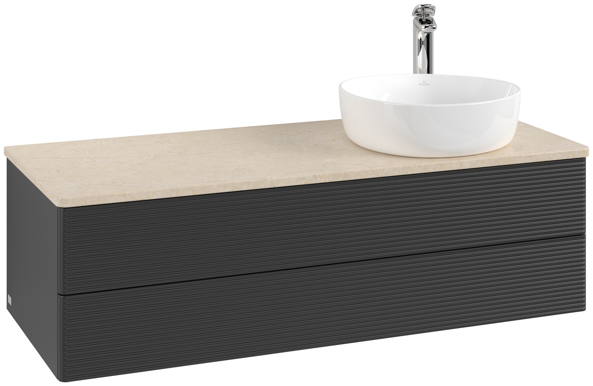 Villeroy & Boch Antao Skab, med belysning, 2 udtræk, 1200x360x500mm, Forside med årestruktur, Korpus: Black Matt Lacquer, Front: Black Matt Lacquer, Afdækningsplade: Botticino