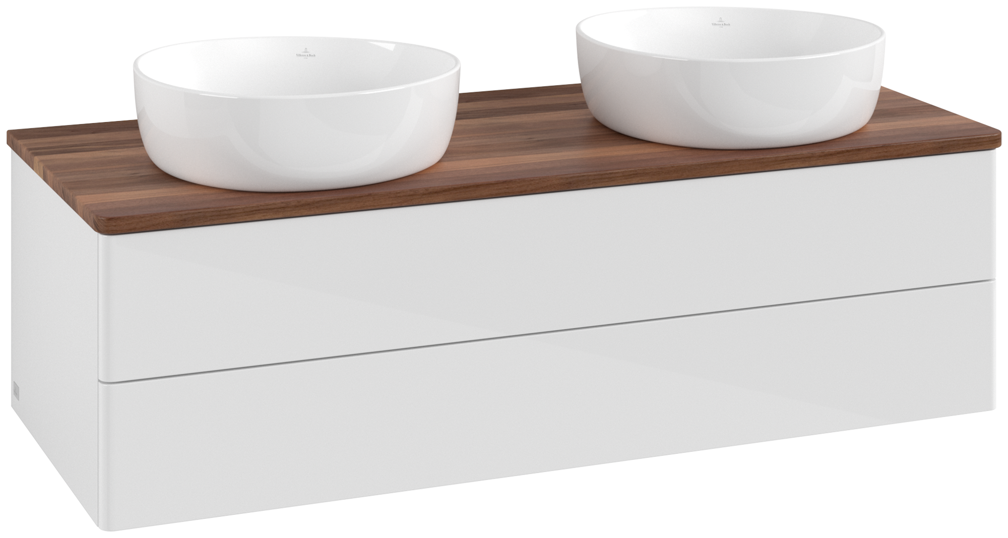 Villeroy & Boch Antao Skab, med belysning, 2 udtræk, 1200x360x500mm, Forside uden årestruktur, Korpus: Glossy White Lacquer, Front: Glossy White Lacquer, Afdækningsplade: Warm Walnut