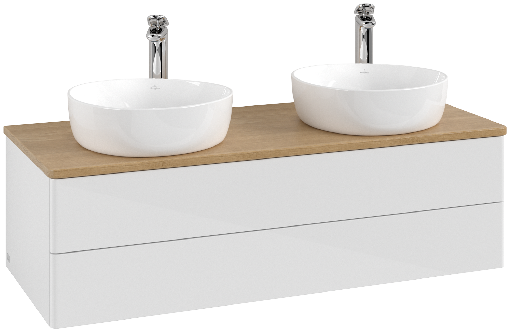 Villeroy & Boch Antao Waschbeckenunterschrank, mit Beleuchtung, 2 Auszüge, 1200x360x500mm, Front ohne Struktur, Korpus: Glossy White Lacquer, Front: Glossy White Lacquer, Abdeckplatte: Honey Oak