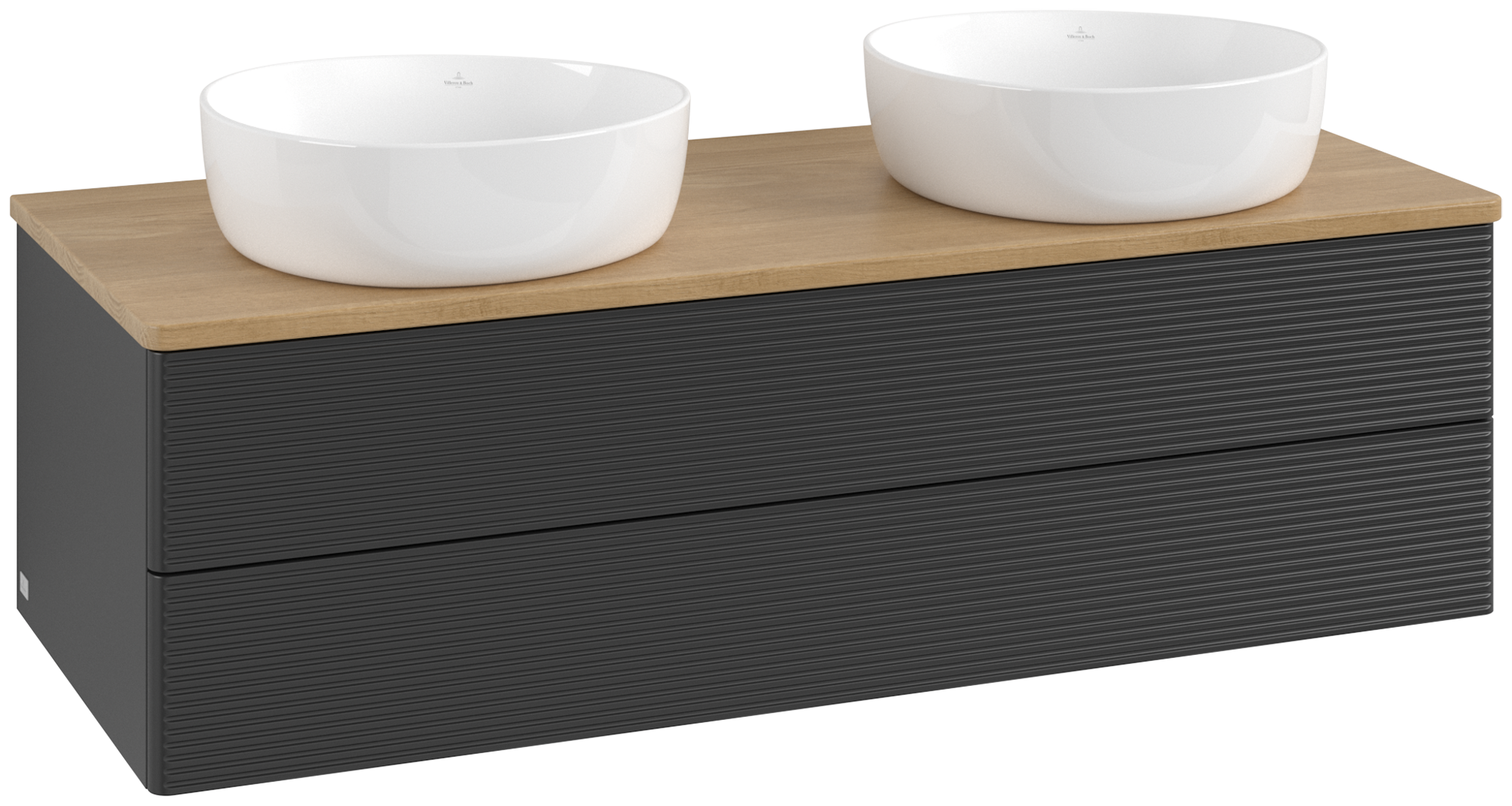 Villeroy & Boch Antao Skåp till tvättställ, med belysning, 2 utdragbara fack, 1200x360x500mm, Framsida med grynig textur, Kropp: Black Matt Lacquer, Framsida: Black Matt Lacquer, Täckplatta: Honey Oak