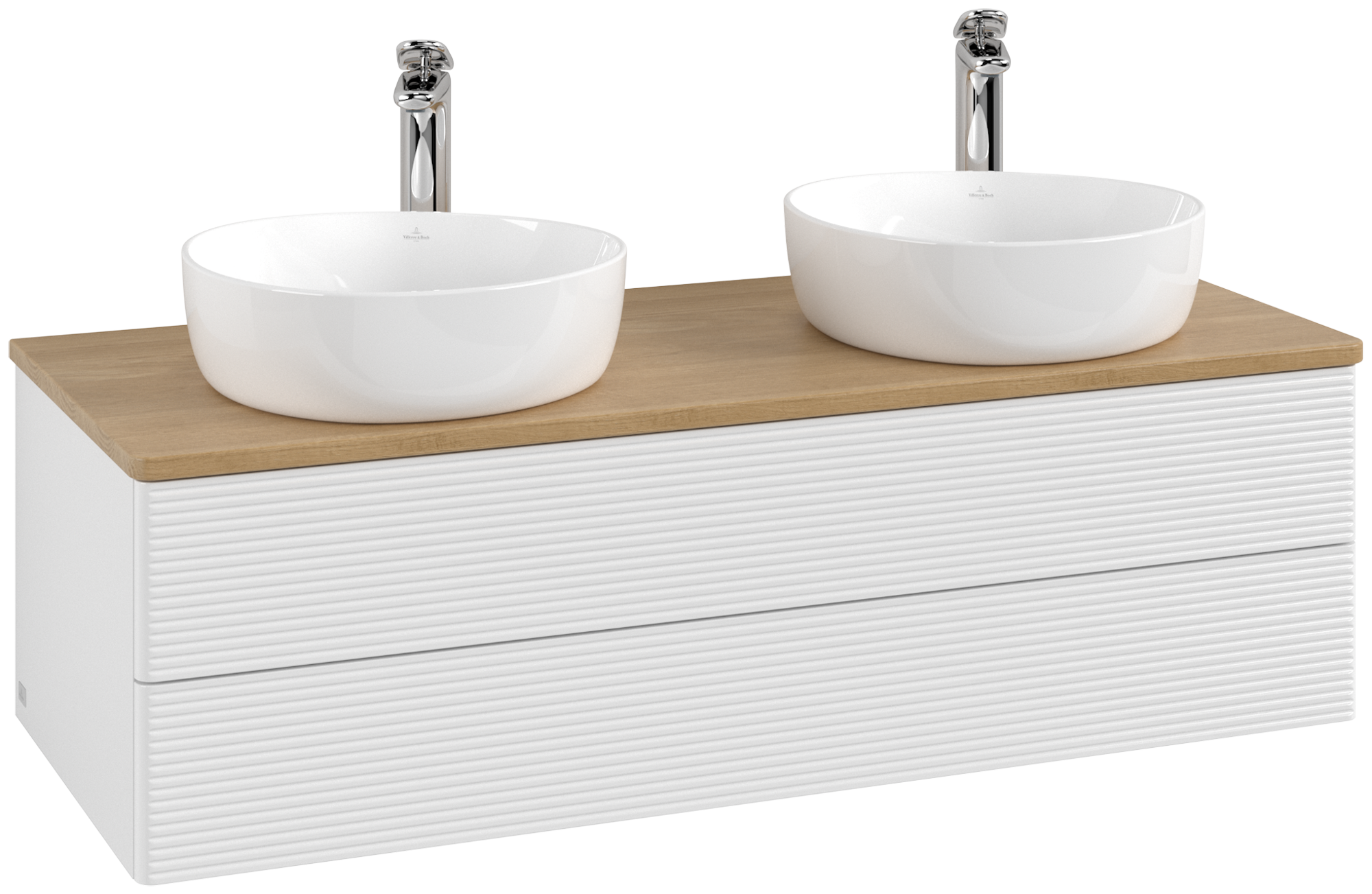 Villeroy & Boch Antao Skab, med belysning, 2 udtræk, 1200x360x500mm, Forside med årestruktur, Korpus: Glossy White Lacquer, Front: Glossy White Lacquer, Afdækningsplade: Honey Oak