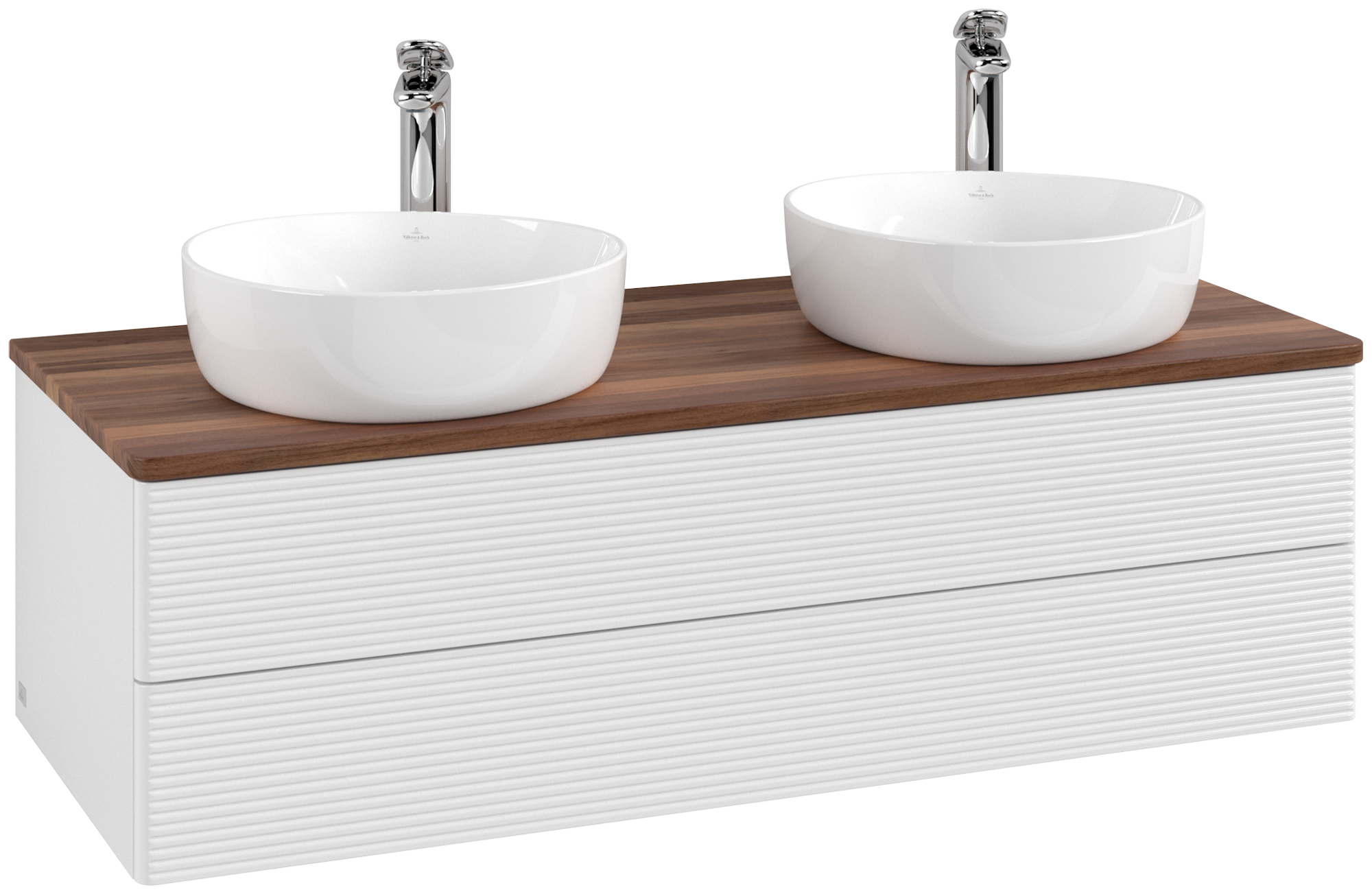 Villeroy & Boch Antao Skab, med belysning, 2 udtræk, 1200x360x500mm, Forside med årestruktur, Korpus: Glossy White Lacquer, Front: Glossy White Lacquer, Afdækningsplade: Warm Walnut