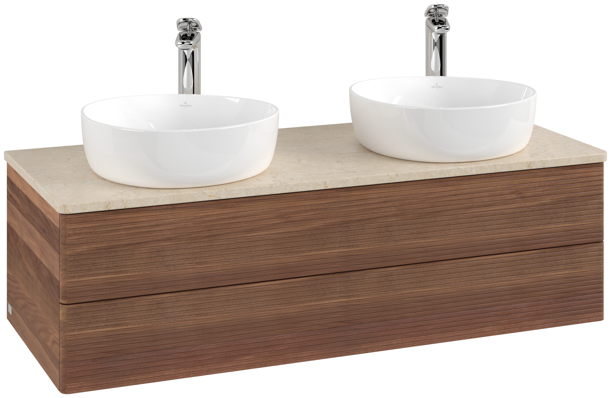 Villeroy & Boch Antao Skåp till tvättställ, med belysning, 2 utdragbara fack, 1200x360x500mm, Framsida med grynig textur, Kropp: Warm Walnut, Framsida: Warm Walnut, Täckplatta: Botticino