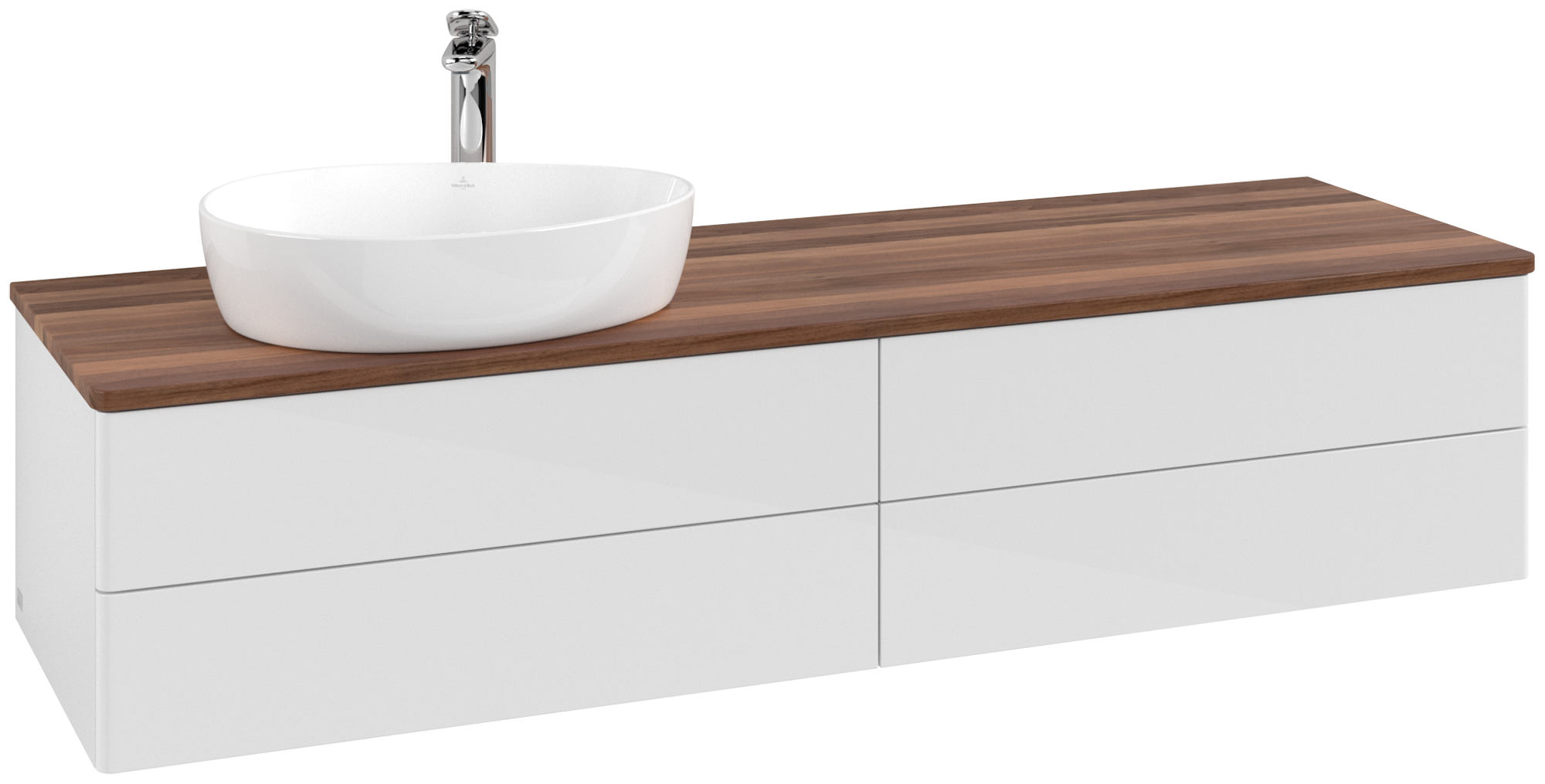 Villeroy & Boch Antao Vanity unit, with lighting, 4 pull-out compartments, 1600x360x500mm, Front without structure, Body: Glossy White Lacquer, Front: Glossy White Lacquer, Cover plate: Warm Walnut