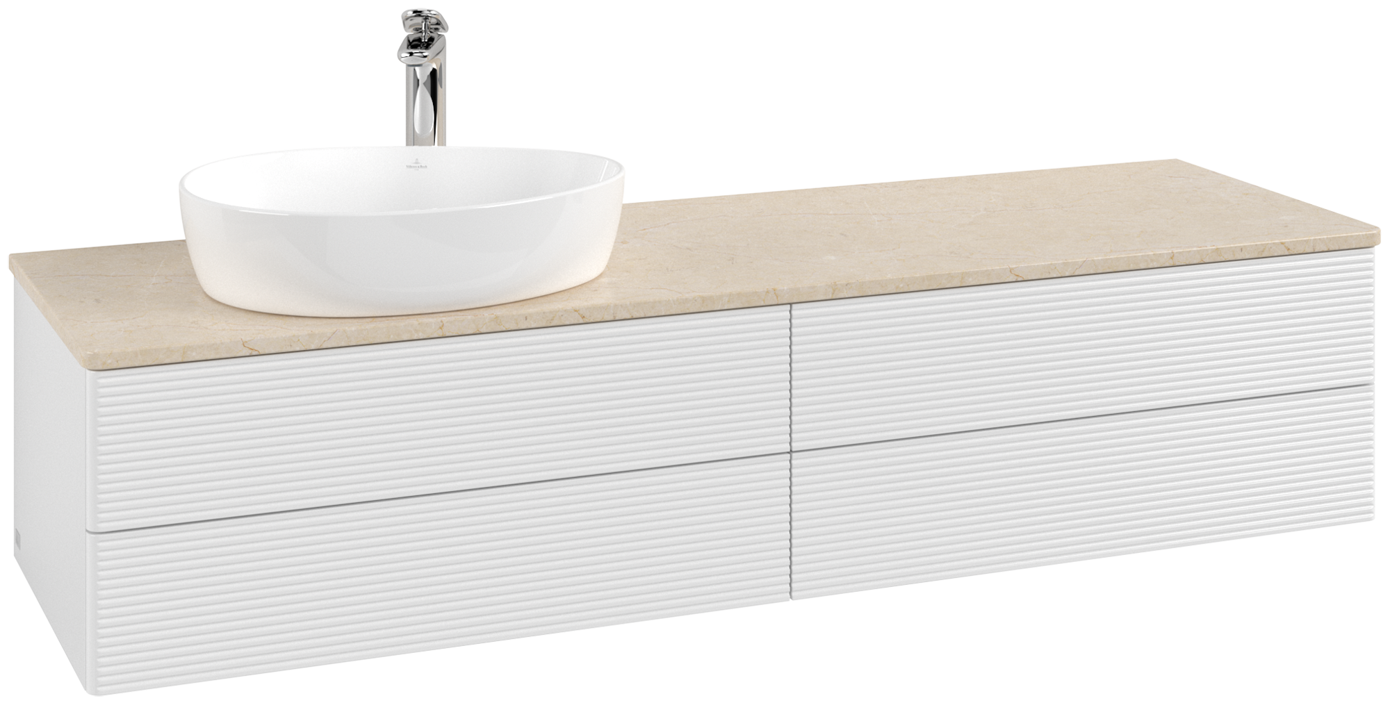 Villeroy & Boch Antao Vanity unit, with lighting, 4 pull-out compartments, 1600x360x500mm, Front with grain texture, Body: Glossy White Lacquer, Front: Glossy White Lacquer, Cover plate: Botticino