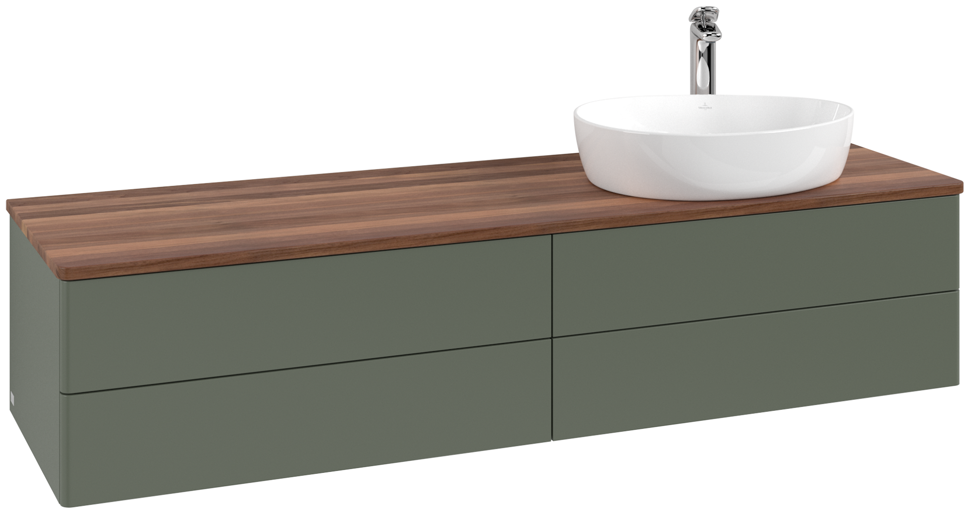Villeroy & Boch Antao Waschbeckenunterschrank, mit Beleuchtung, 4 Auszüge, 1600x360x500mm, Front ohne Struktur, Korpus: Leaf Green Matt Lacquer, Front: Leaf Green Matt Lacquer, Abdeckplatte: Warm Walnut