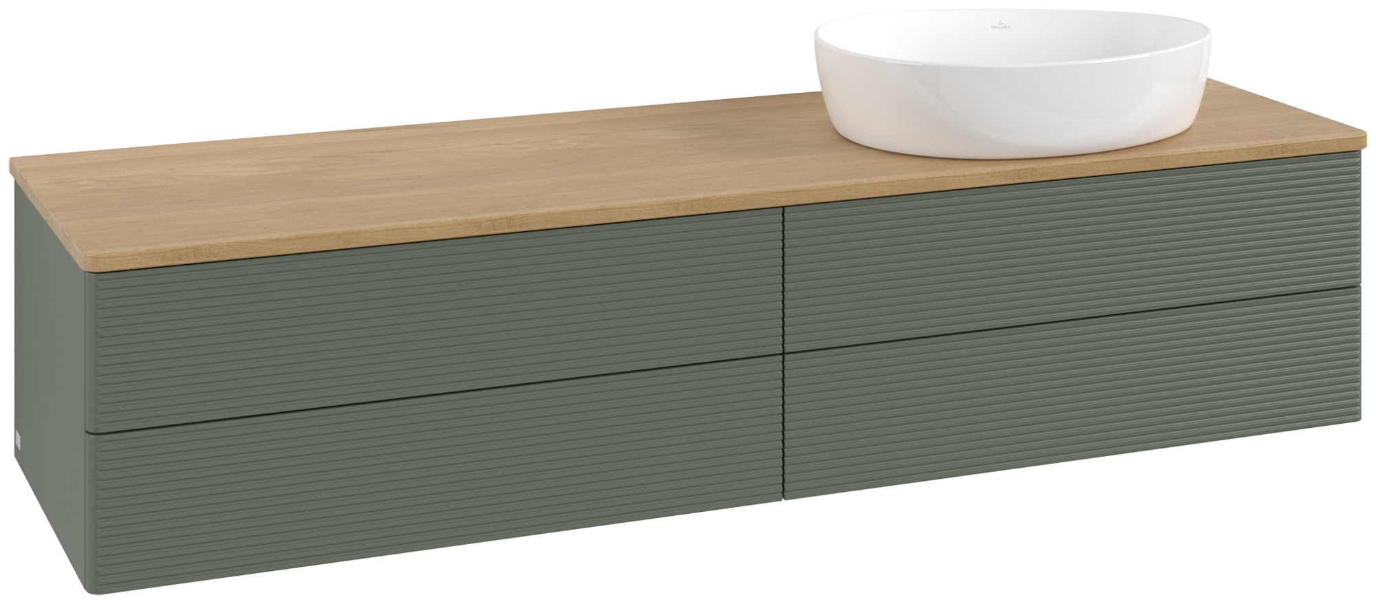 Villeroy & Boch Antao Waschbeckenunterschrank, mit Beleuchtung, 4 Auszüge, 1600x360x500mm, Front mit Struktur, Korpus: Leaf Green Matt Lacquer, Front: Leaf Green Matt Lacquer, Abdeckplatte: Honey Oak