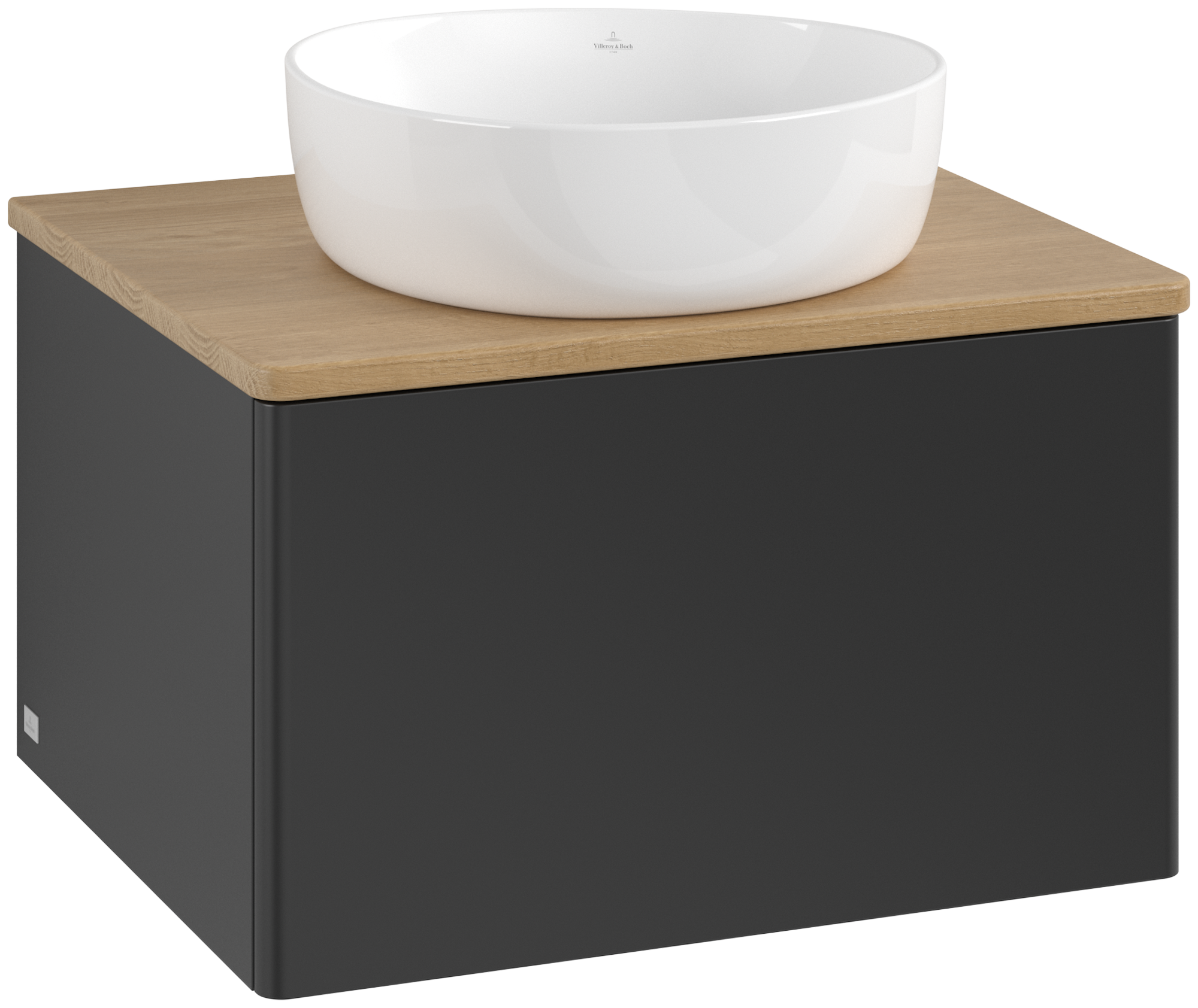 Villeroy & Boch Antao Waschbeckenunterschrank, mit Beleuchtung, 1 Auszug, 600x360x500mm, Front ohne Struktur, Korpus: Black Matt Lacquer, Front: Black Matt Lacquer, Abdeckplatte: Honey Oak