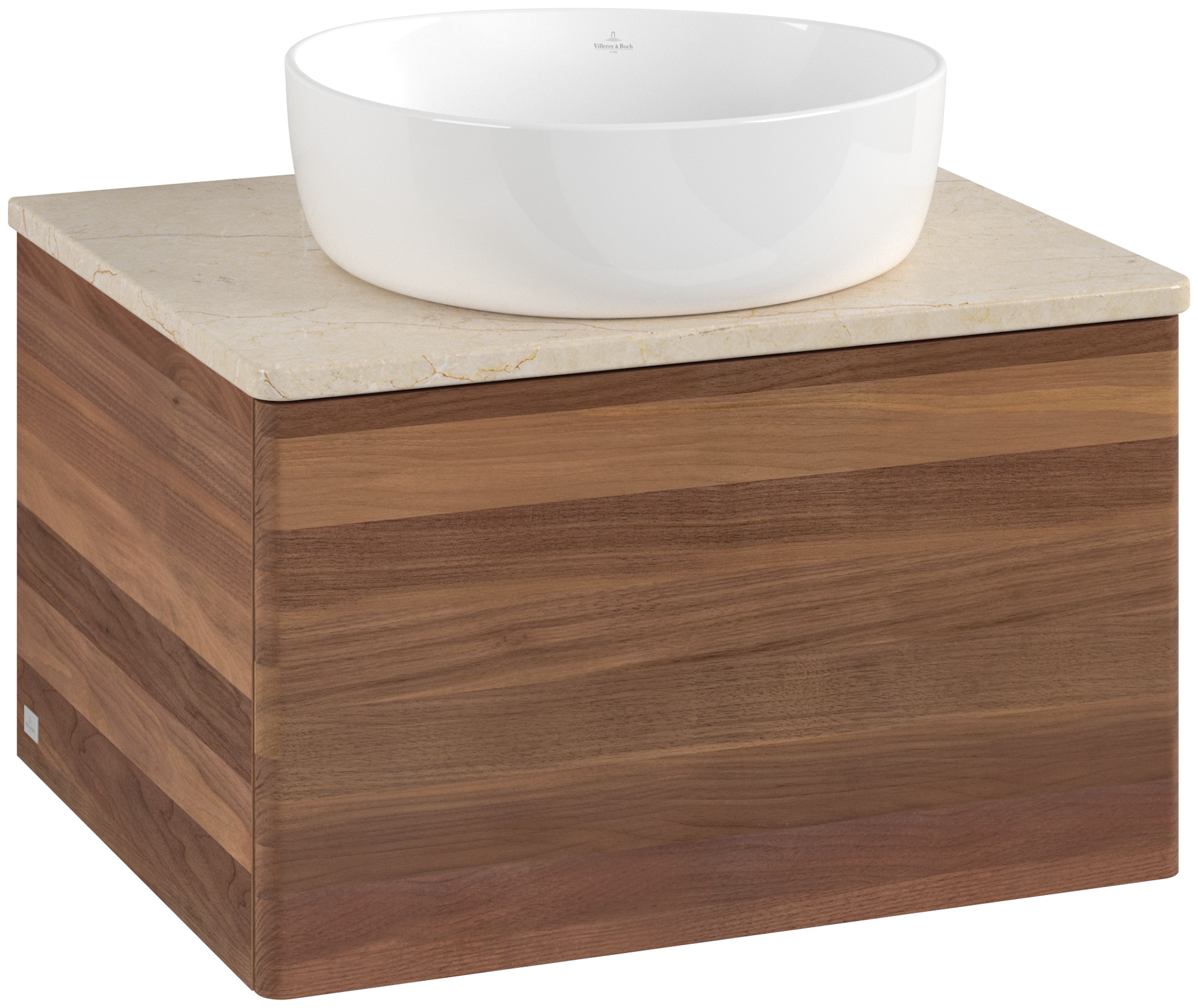 Villeroy & Boch Antao Waschbeckenunterschrank, mit Beleuchtung, 1 Auszug, 600x360x500mm, Front ohne Struktur, Korpus: Warm Walnut, Front: Warm Walnut, Abdeckplatte: Botticino