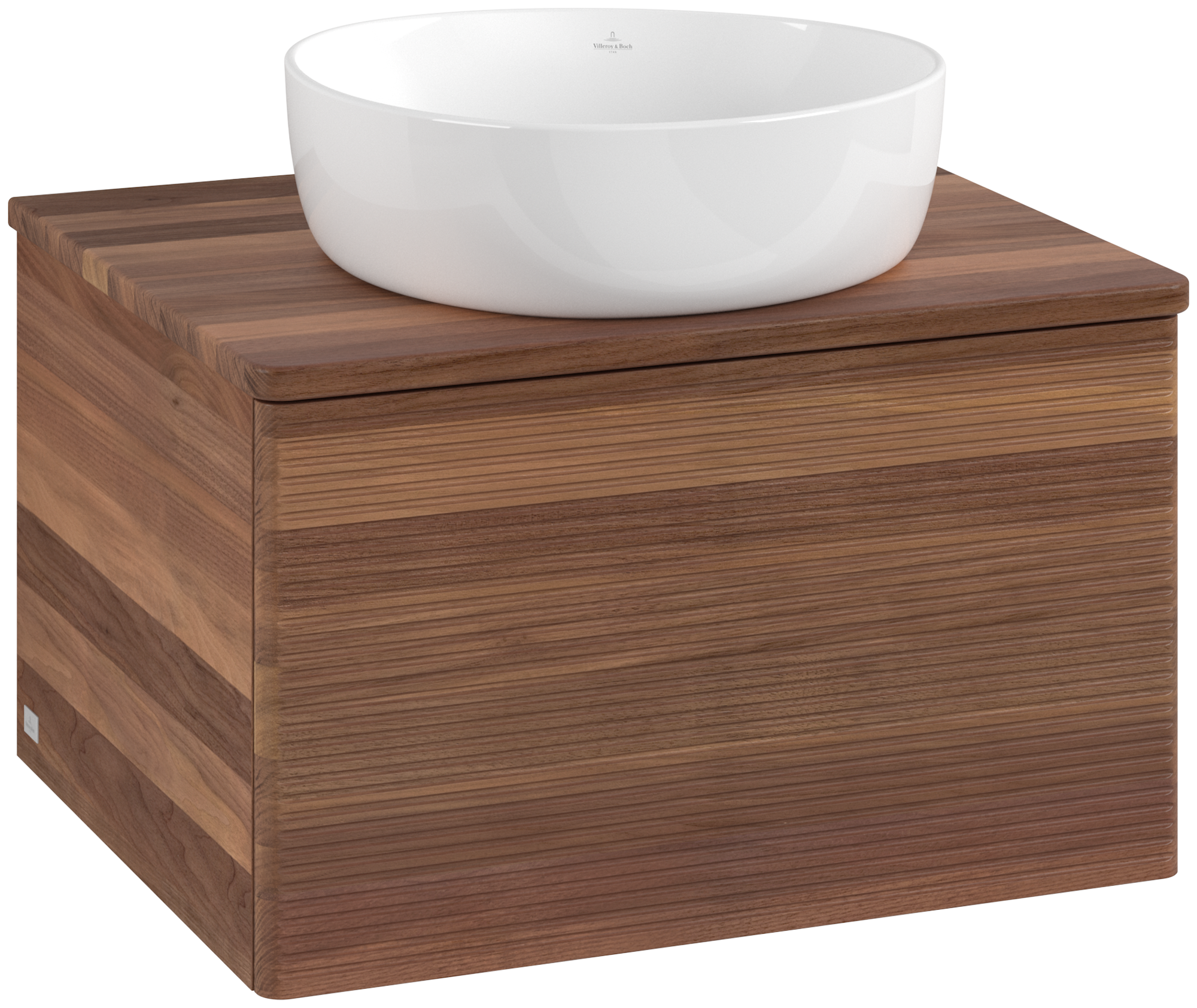 Villeroy & Boch Antao Waschbeckenunterschrank, mit Beleuchtung, 1 Auszug, 600x360x500mm, Front mit Struktur, Korpus: Warm Walnut, Front: Warm Walnut, Abdeckplatte: Warm Walnut