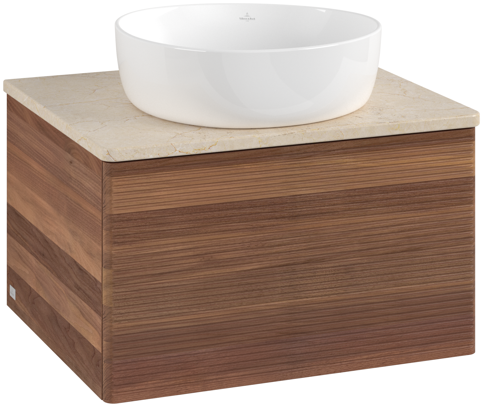 Villeroy & Boch Antao Waschbeckenunterschrank, mit Beleuchtung, 1 Auszug, 600x360x500mm, Front mit Struktur, Korpus: Warm Walnut, Front: Warm Walnut, Abdeckplatte: Botticino