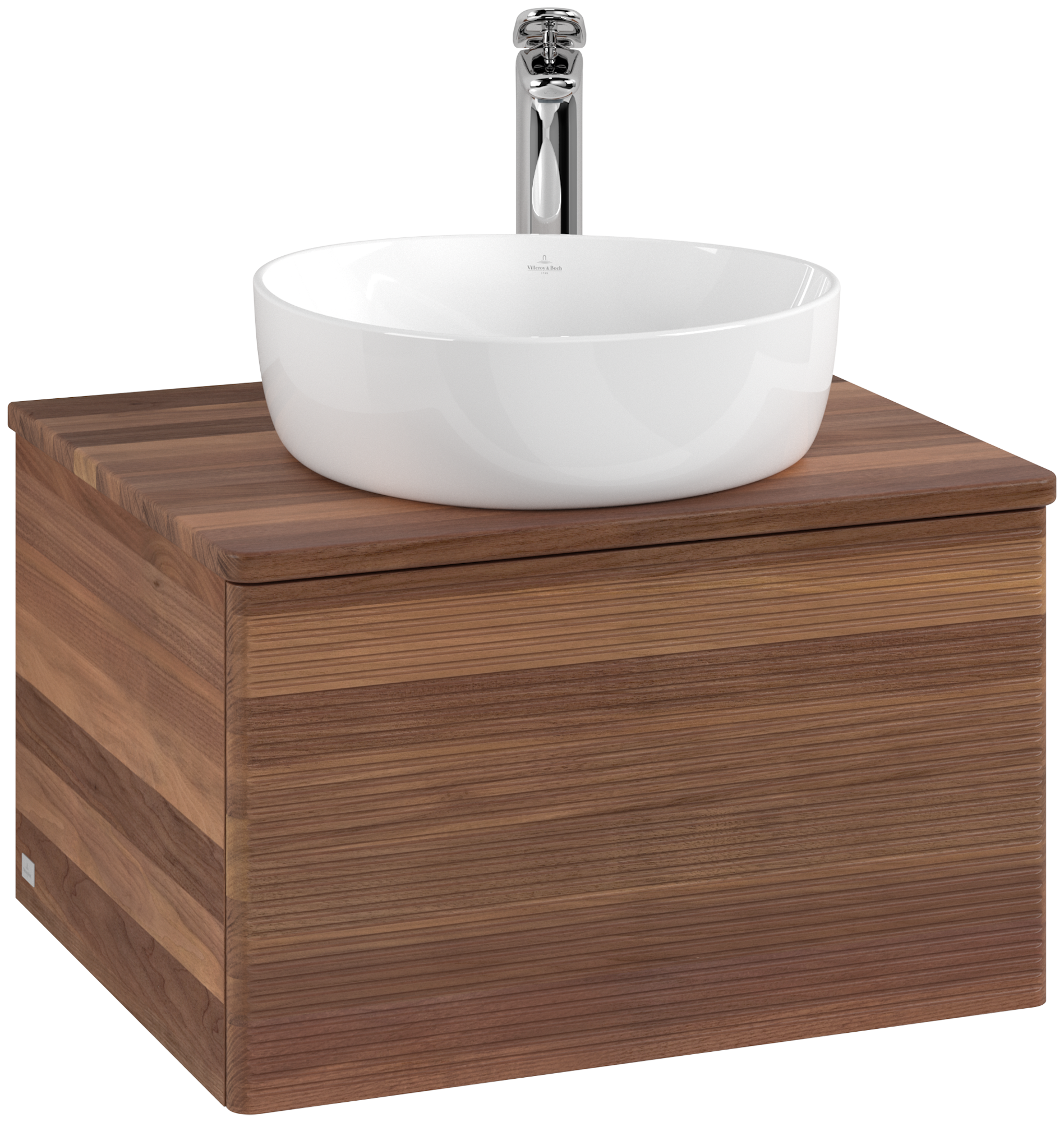 Villeroy & Boch Antao Waschbeckenunterschrank, mit Beleuchtung, 1 Auszug, 600x360x500mm, Front mit Struktur, Korpus: Warm Walnut, Front: Warm Walnut, Abdeckplatte: Warm Walnut