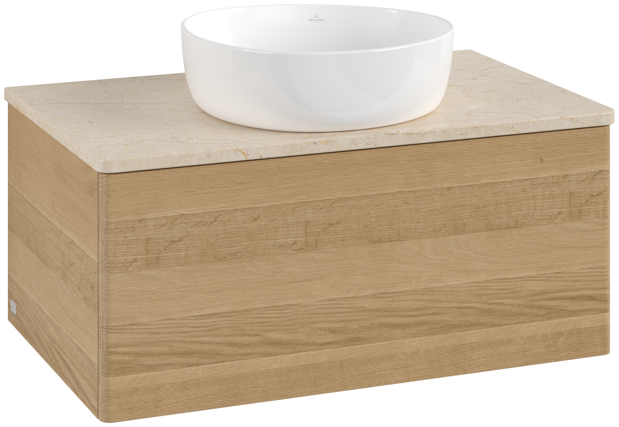 Villeroy & Boch Antao Meuble sous plan, avec éclairage, 1 tiroir sur rails, 800x360x500mm, Façade sans structure, Caisson: Honey Oak, Façade: Honey Oak, Plaque de recouvrement: Botticino