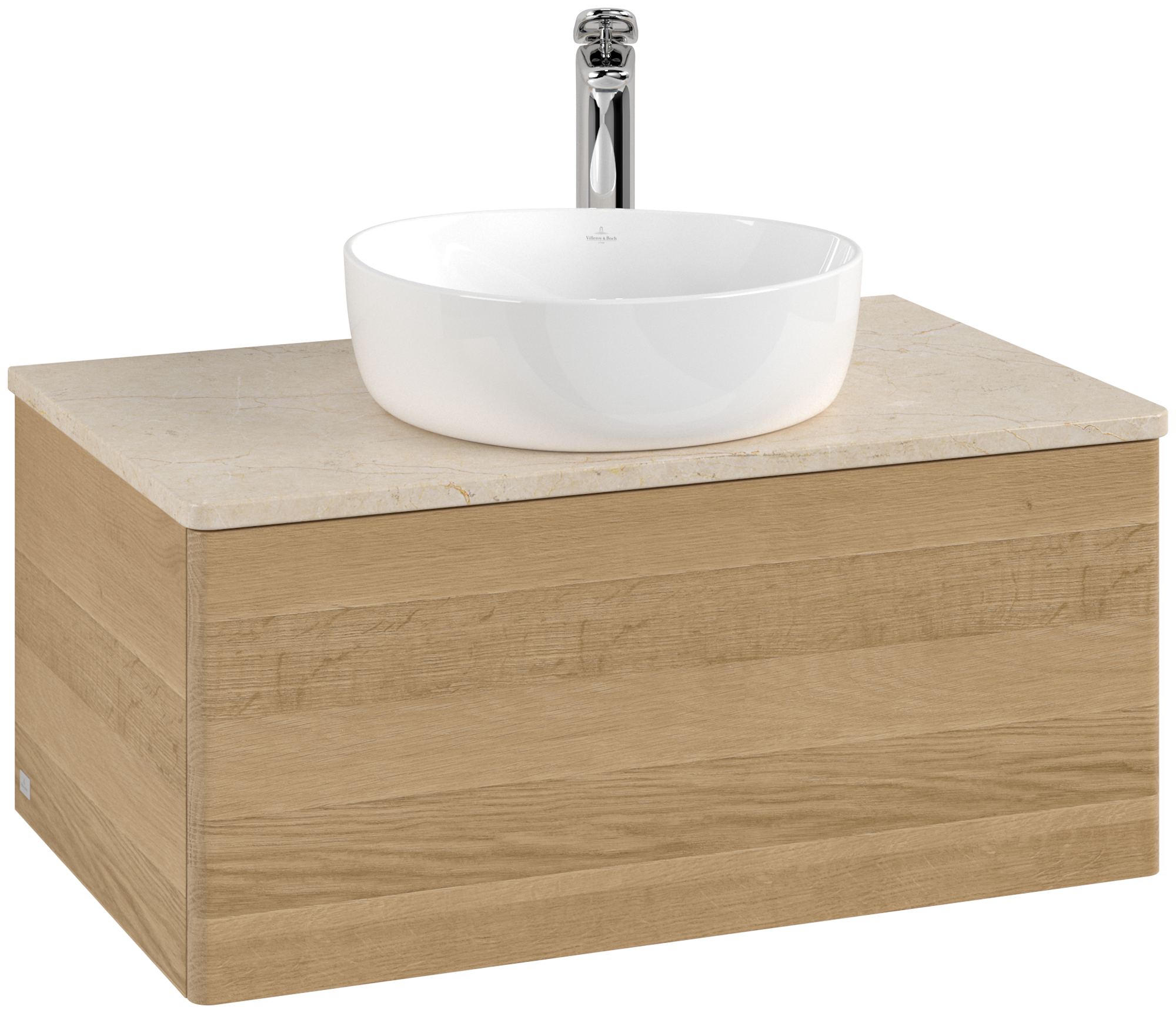 Villeroy & Boch Antao Meuble sous plan, avec éclairage, 1 tiroir sur rails, 800x360x500mm, Façade sans structure, Caisson: Honey Oak, Façade: Honey Oak, Plaque de recouvrement: Botticino