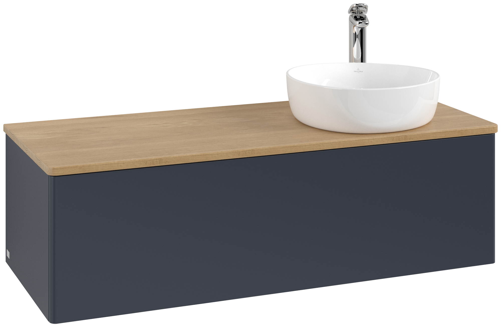 Villeroy & Boch Antao Modulo bajo, con iluminación, 1 compartimento extraíble, 1200x360x500mm, sin textura granulada en la parte delantera, Cuerpo: Midnight Blue Matt Lacquer, Frontal: Midnight Blue Matt Lacquer, Placa de cubierta: Honey Oak