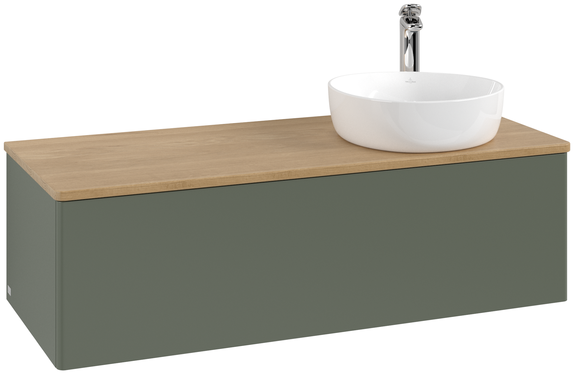 Villeroy & Boch Antao Meuble sous plan, avec éclairage, 1 tiroir sur rails, 1200x360x500mm, Façade sans structure, Caisson: Leaf Green Matt Lacquer, Façade: Leaf Green Matt Lacquer, Plaque de recouvrement: Honey Oak