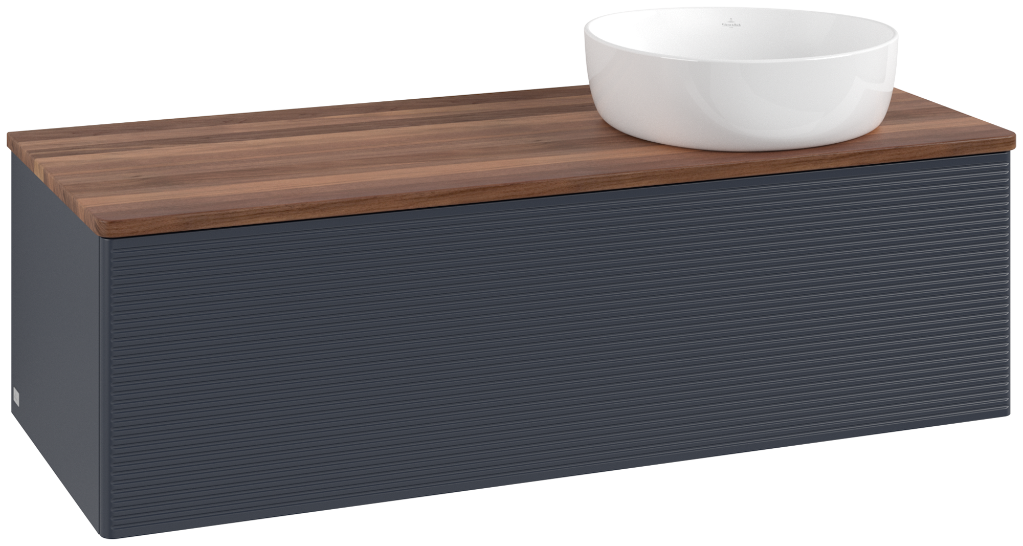 Villeroy & Boch Antao Modulo bajo, con iluminación, 1 compartimento extraíble, 1200x360x500mm, Frontal con textura granulosa, Cuerpo: Midnight Blue Matt Lacquer, Frontal: Midnight Blue Matt Lacquer, Placa de cubierta: Warm Walnut